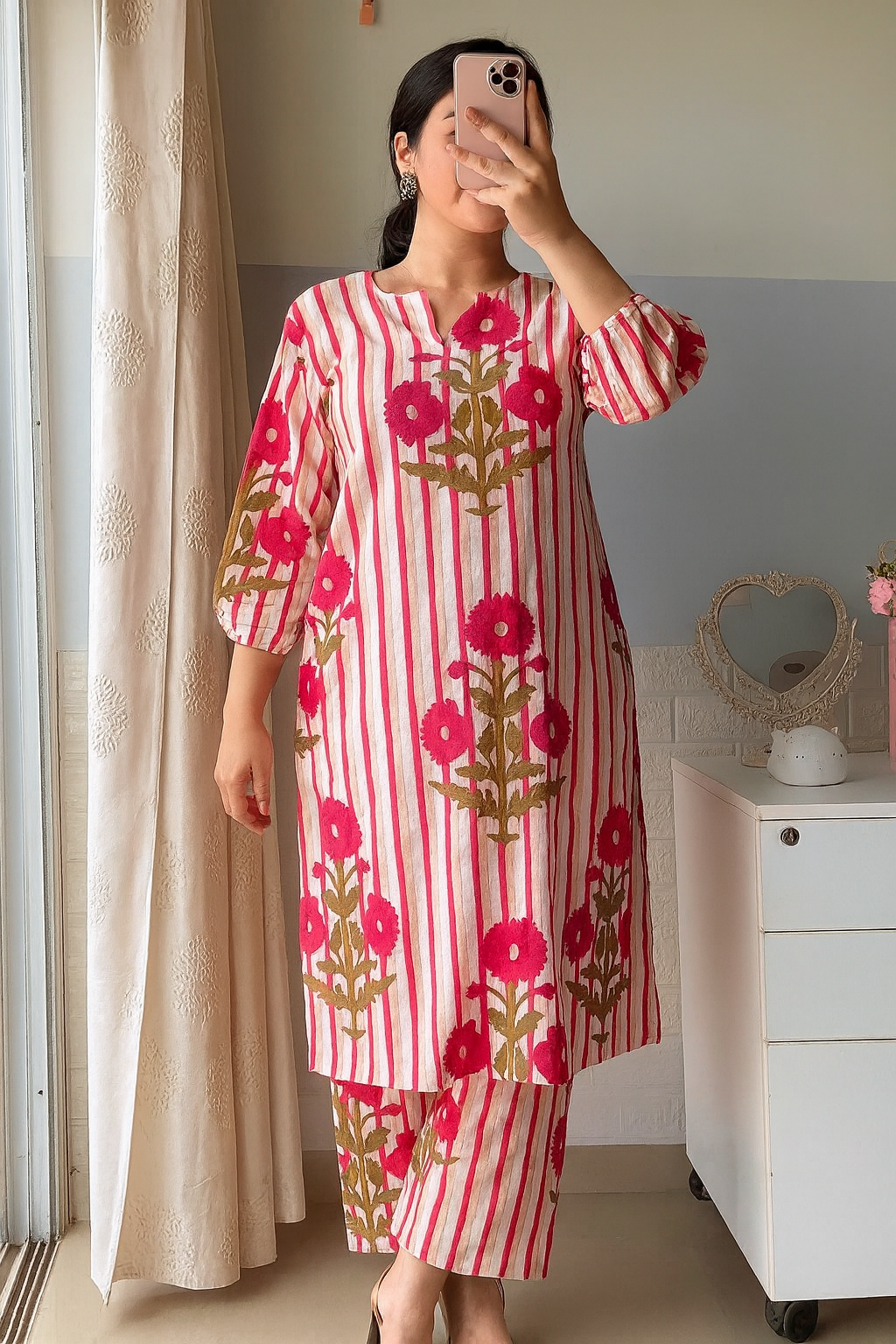 Striped Floral Cotton Co-ord Set -  pink