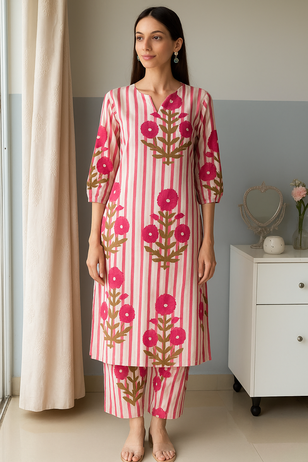 Striped Floral Cotton Co-ord Set -  pink