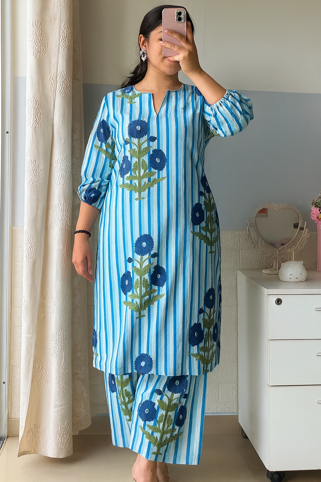 Striped Floral Cotton Co-ord Set -  blue