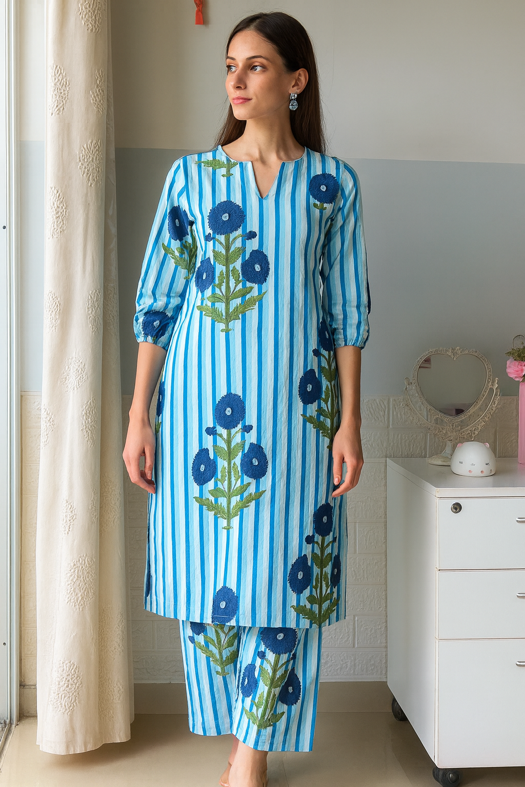 Striped Floral Cotton Co-ord Set -  blue