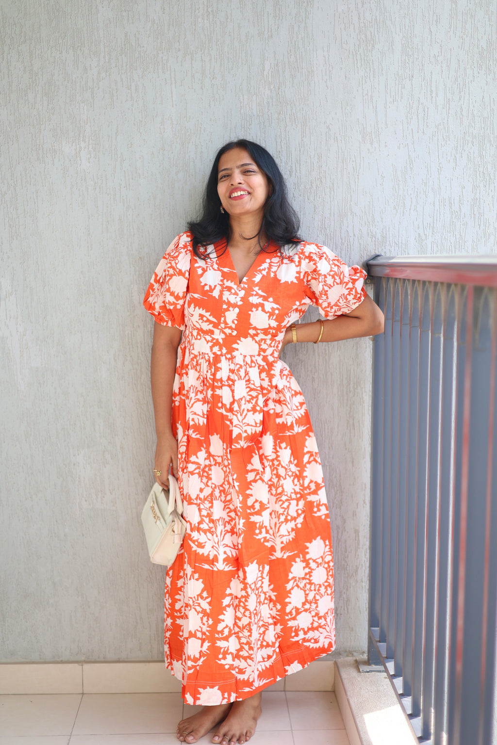 Orange Floral Cotton Maxi Dress