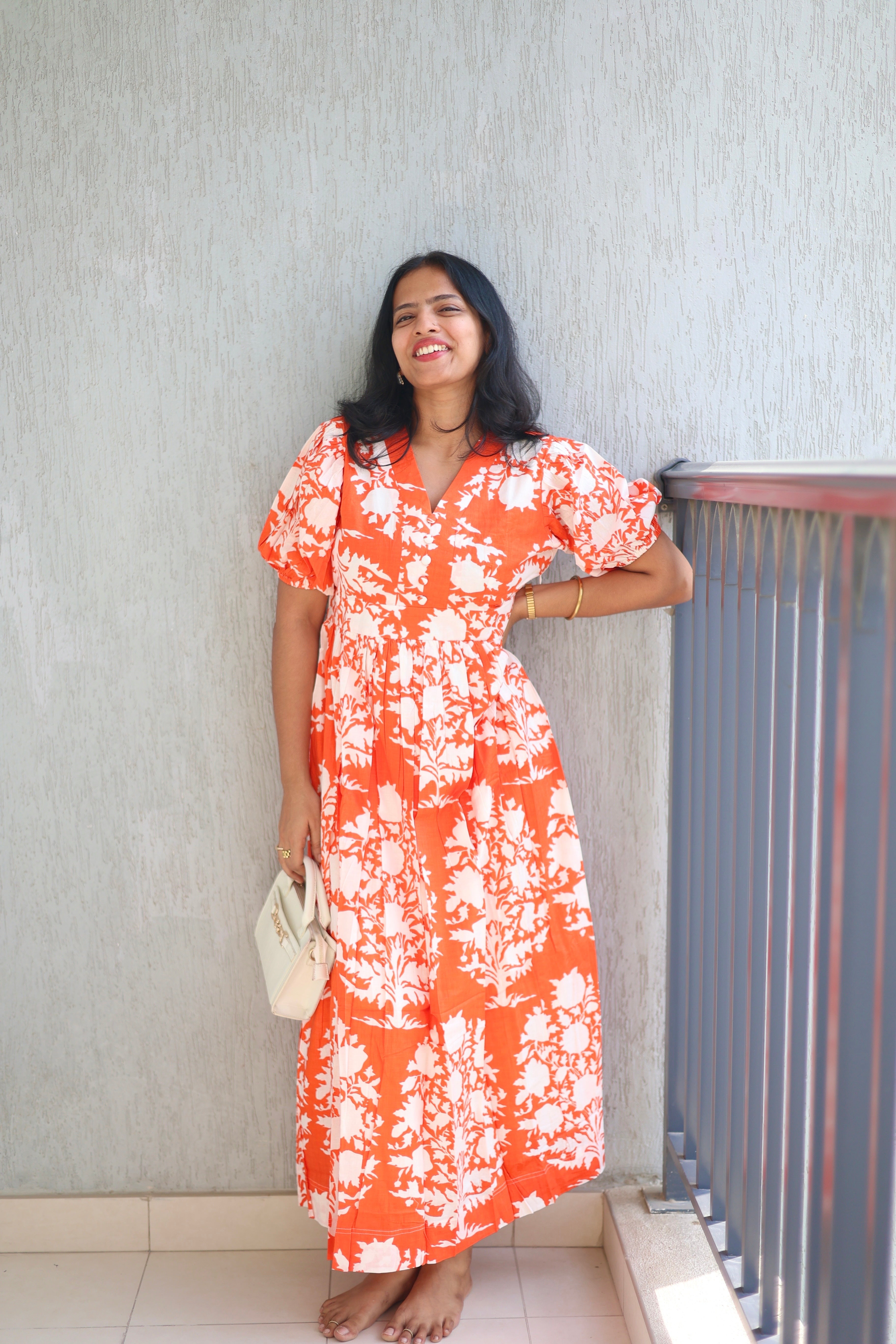 Orange Floral Cotton Maxi Dress