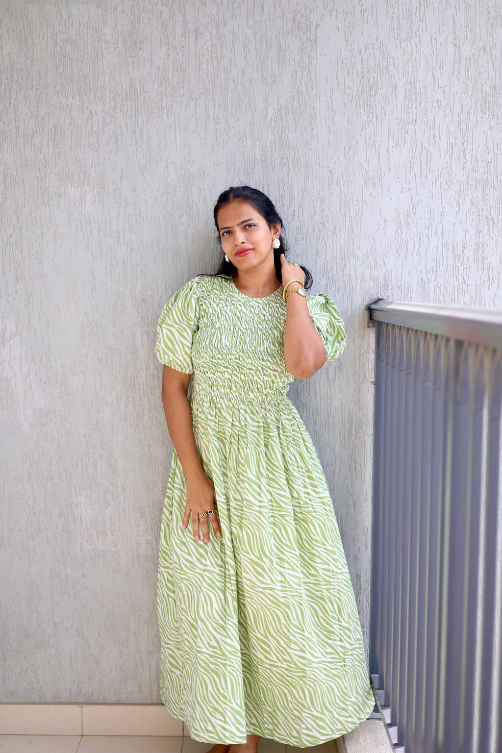 Zebra Print Light Green Cotton Maxi Dress