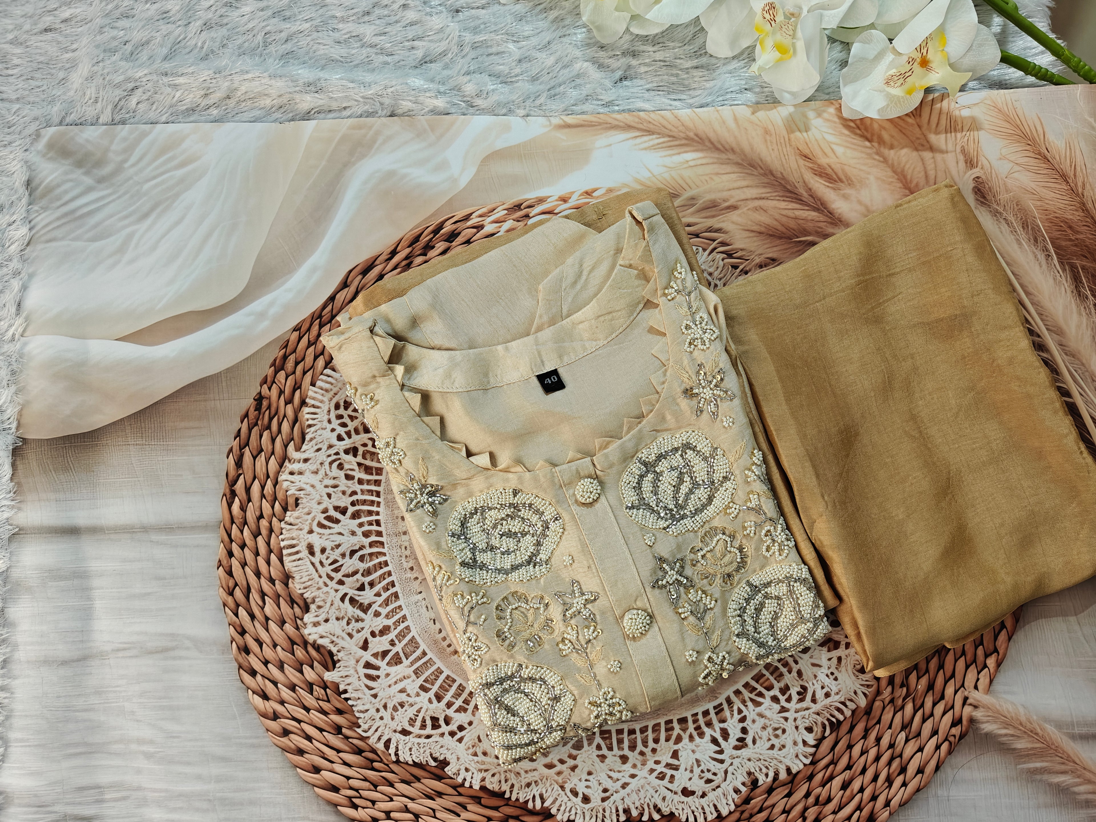 Elegant Beige Embroidered Suit Set