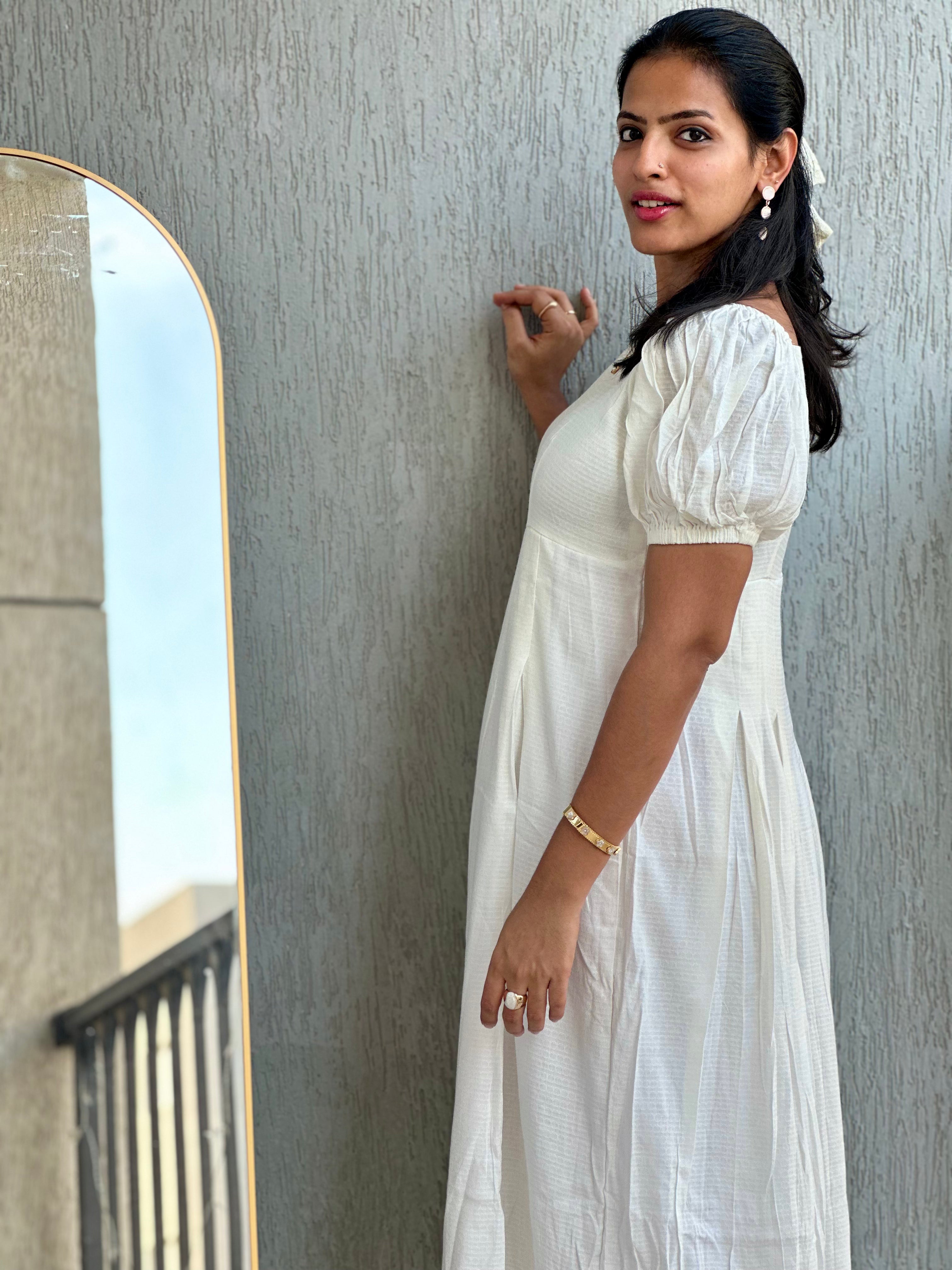 White self textured box pleated maxi dress