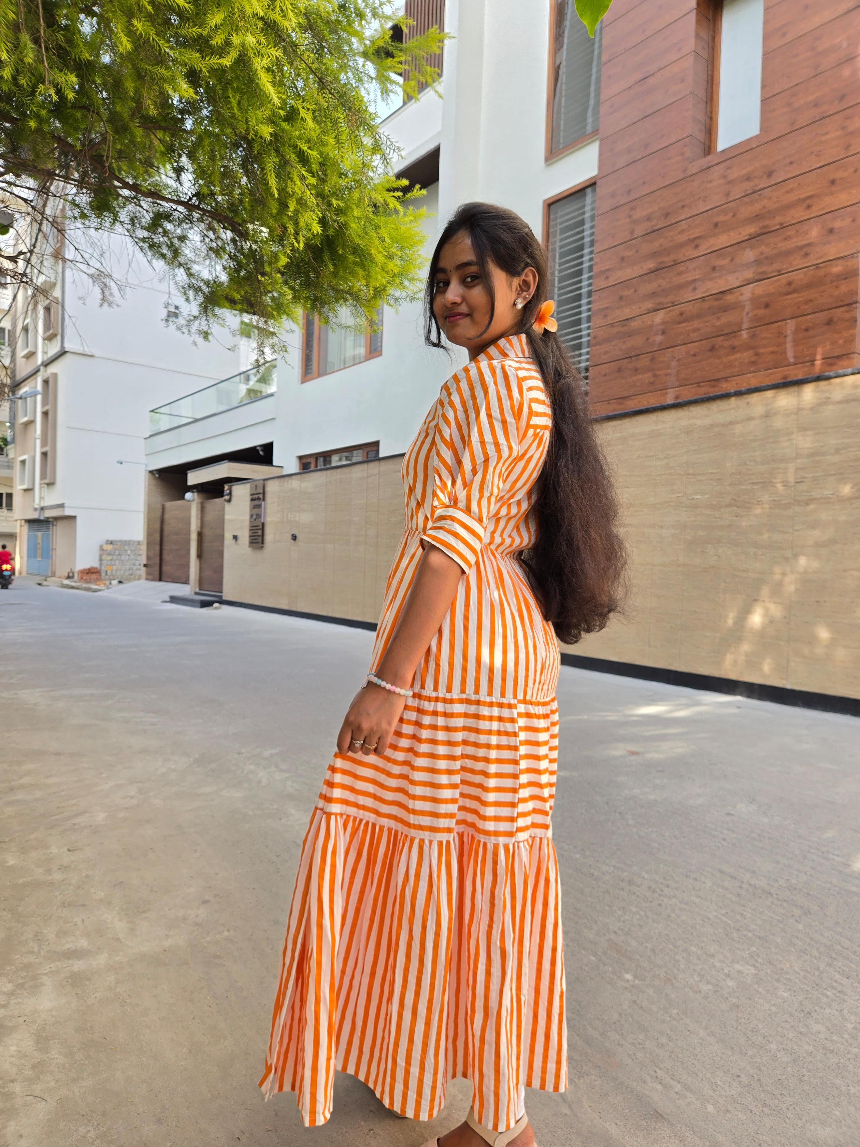 Orange Stripe Cotton Tiered Maxi Dress
