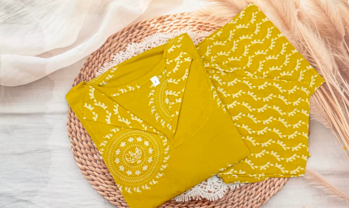 Mustard Yellow Printed Cotton Kurta 🌼