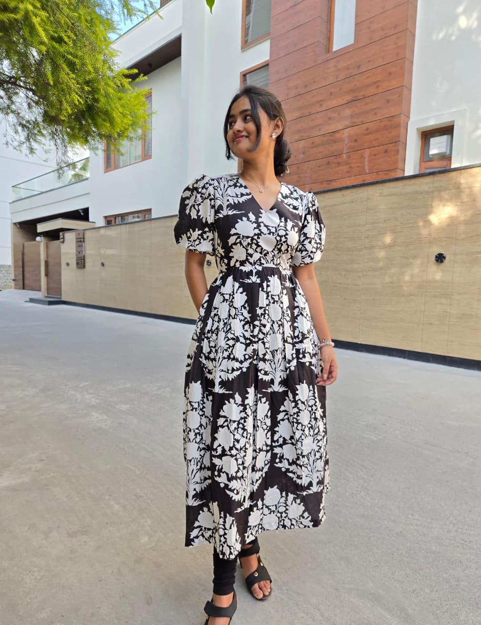 Monochrome Floral Cotton Midi Dress