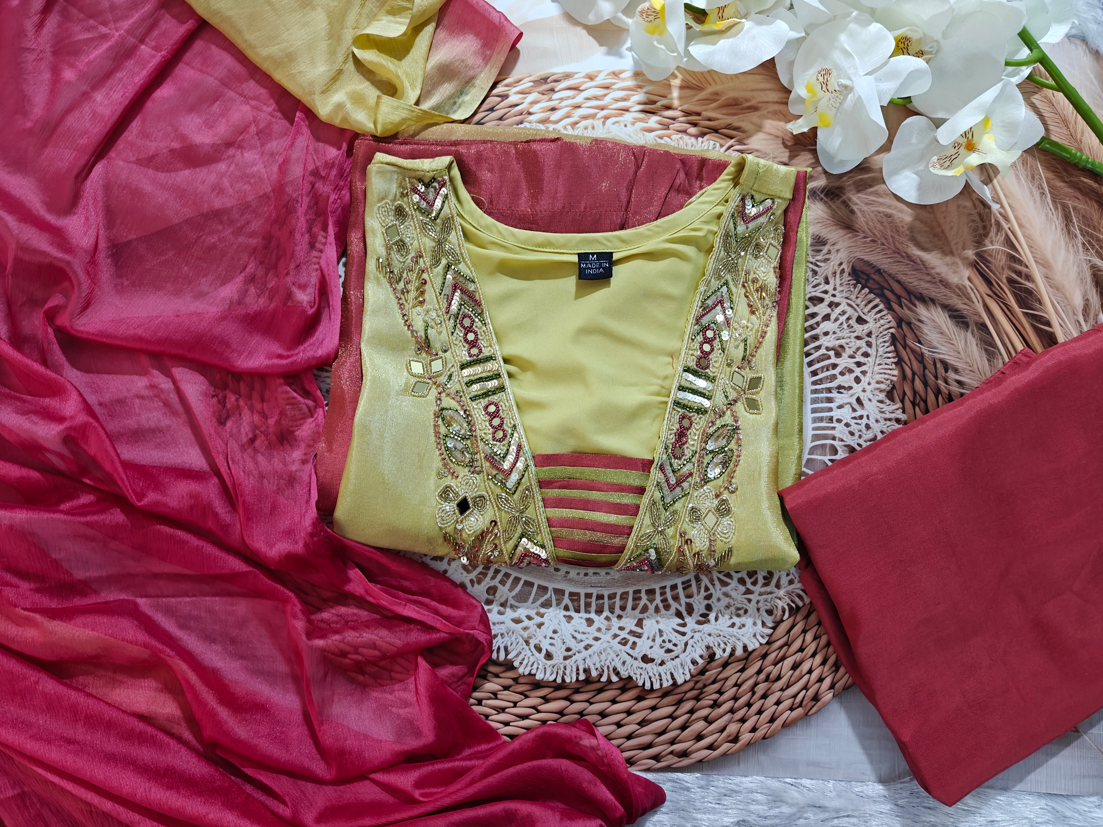 Olive Green & Maroon Embroidered Silk Blend Suit Set