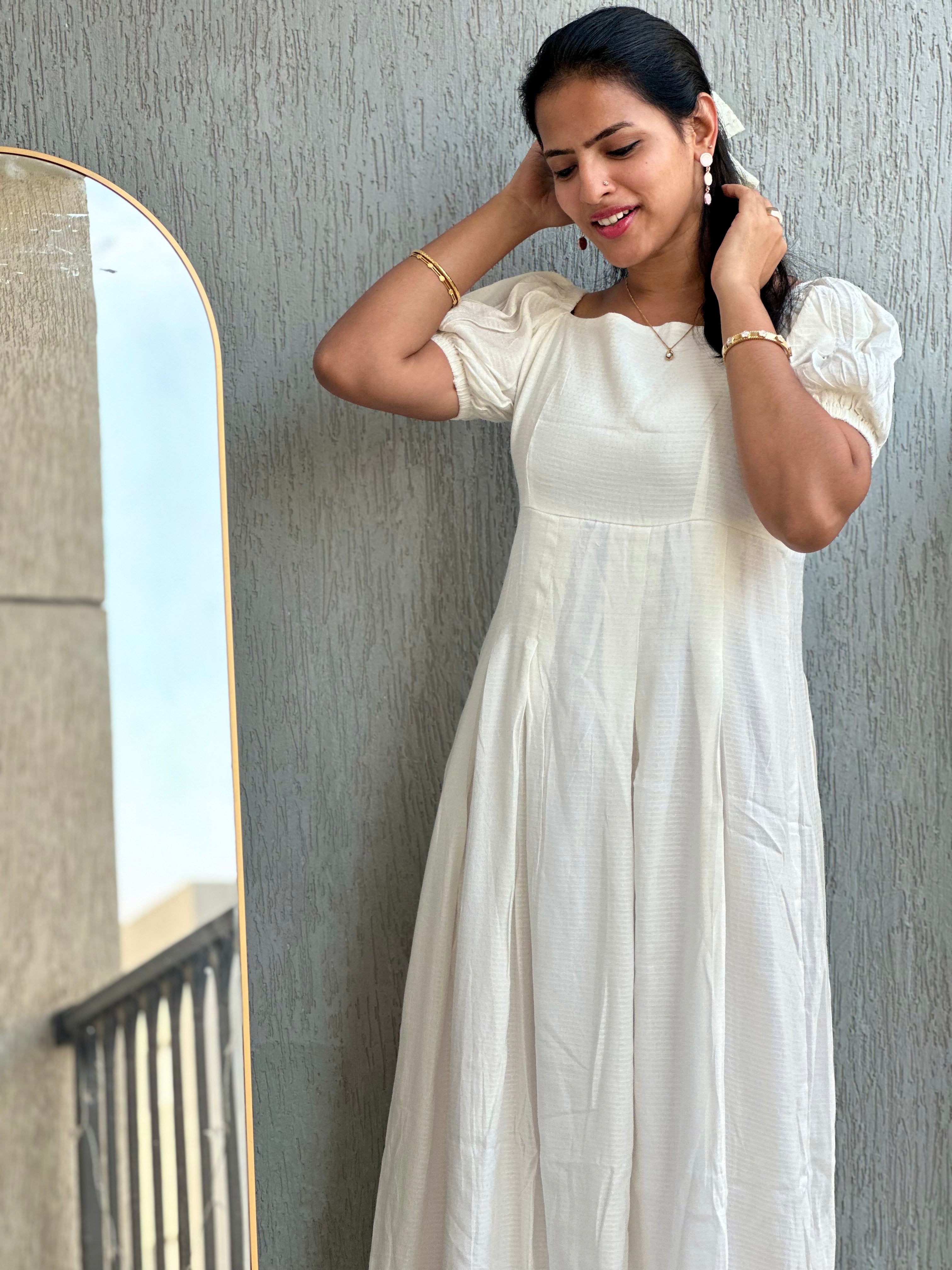 White self textured box pleated maxi dress