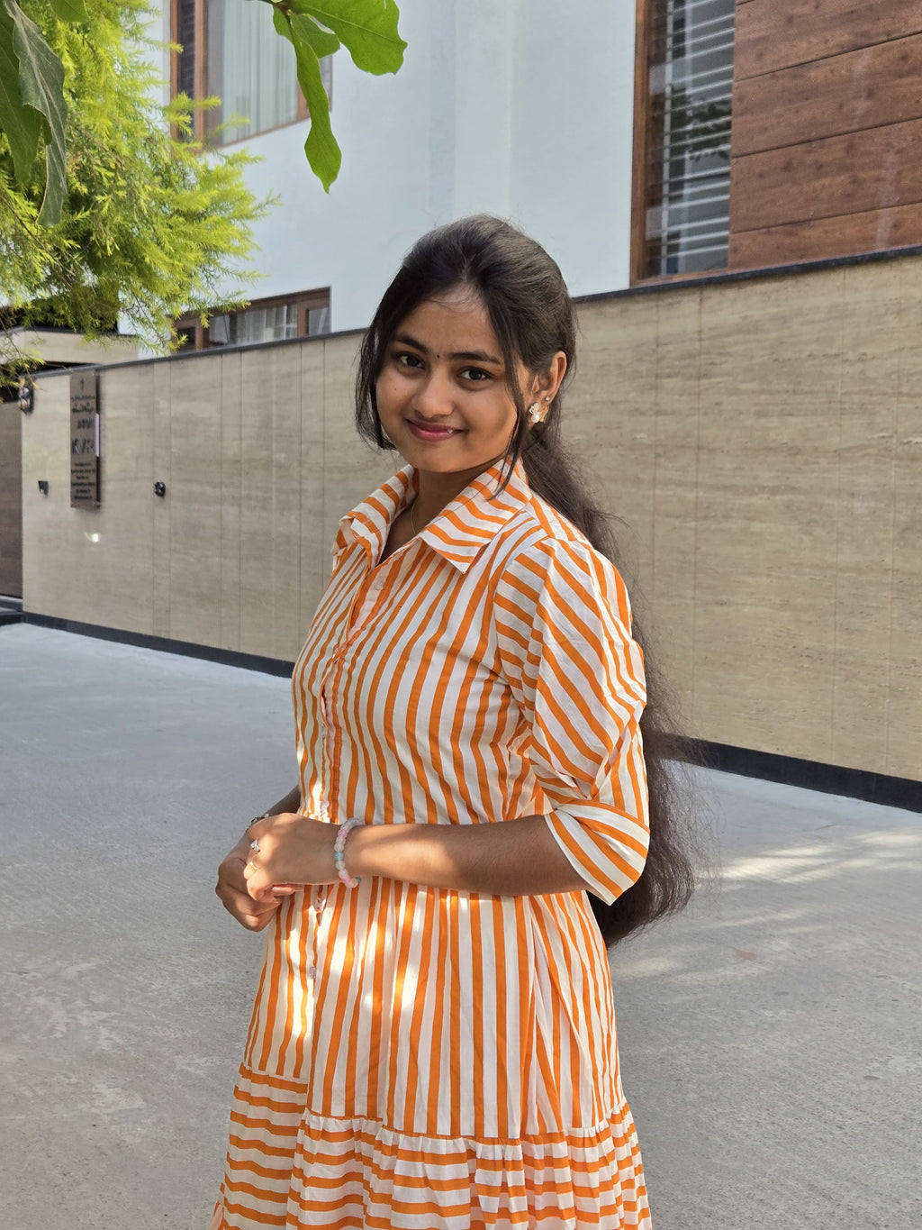 Orange Stripe Cotton Tiered Maxi Dress