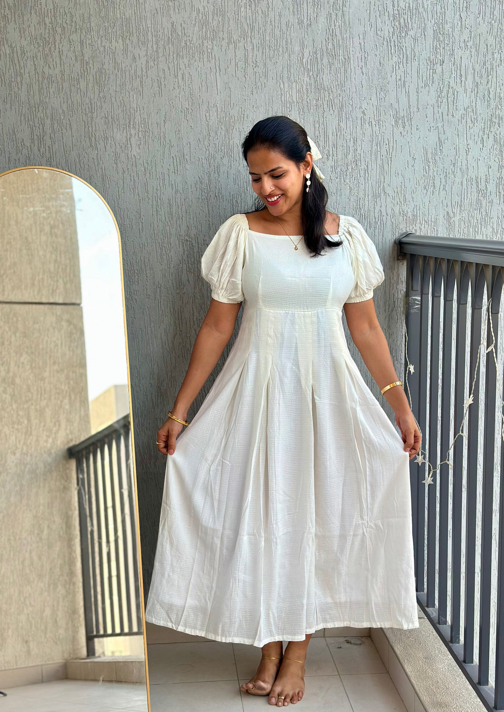 White self textured box pleated maxi dress