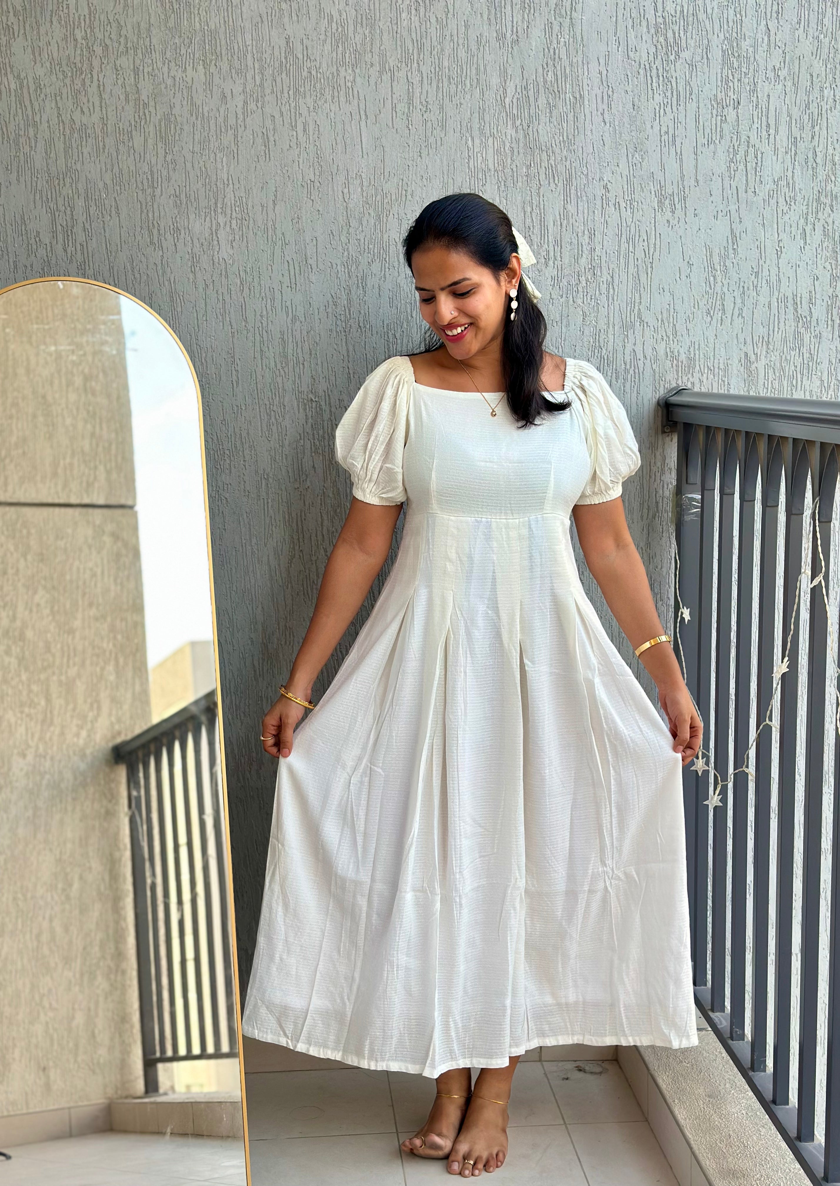 White self textured box pleated maxi dress