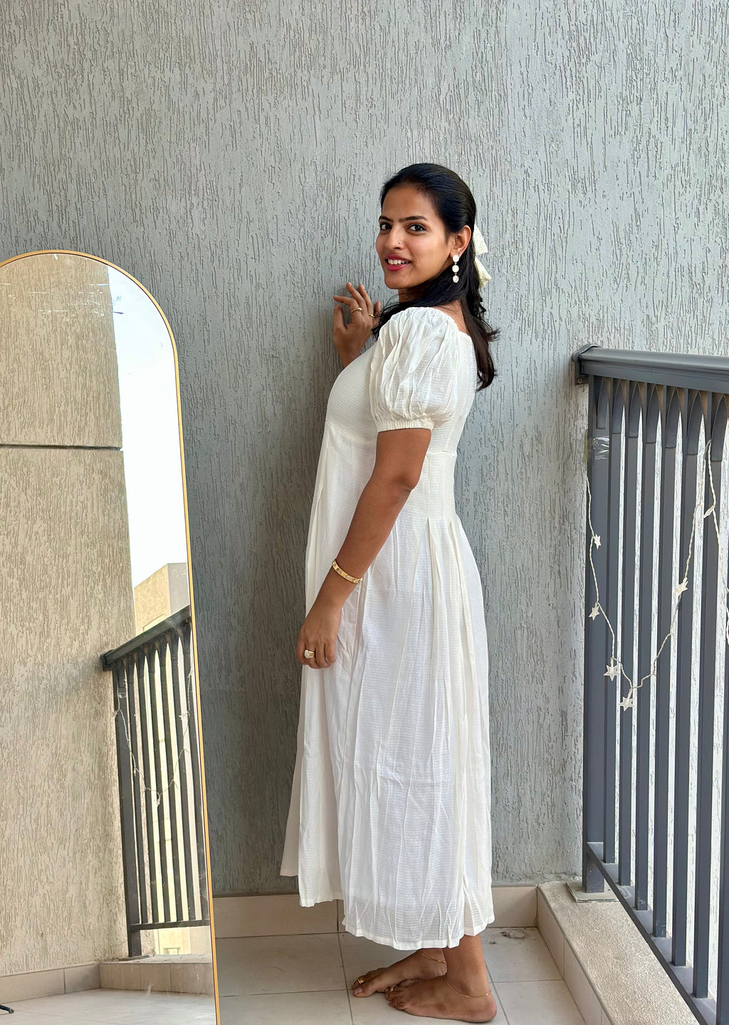 White self textured box pleated maxi dress