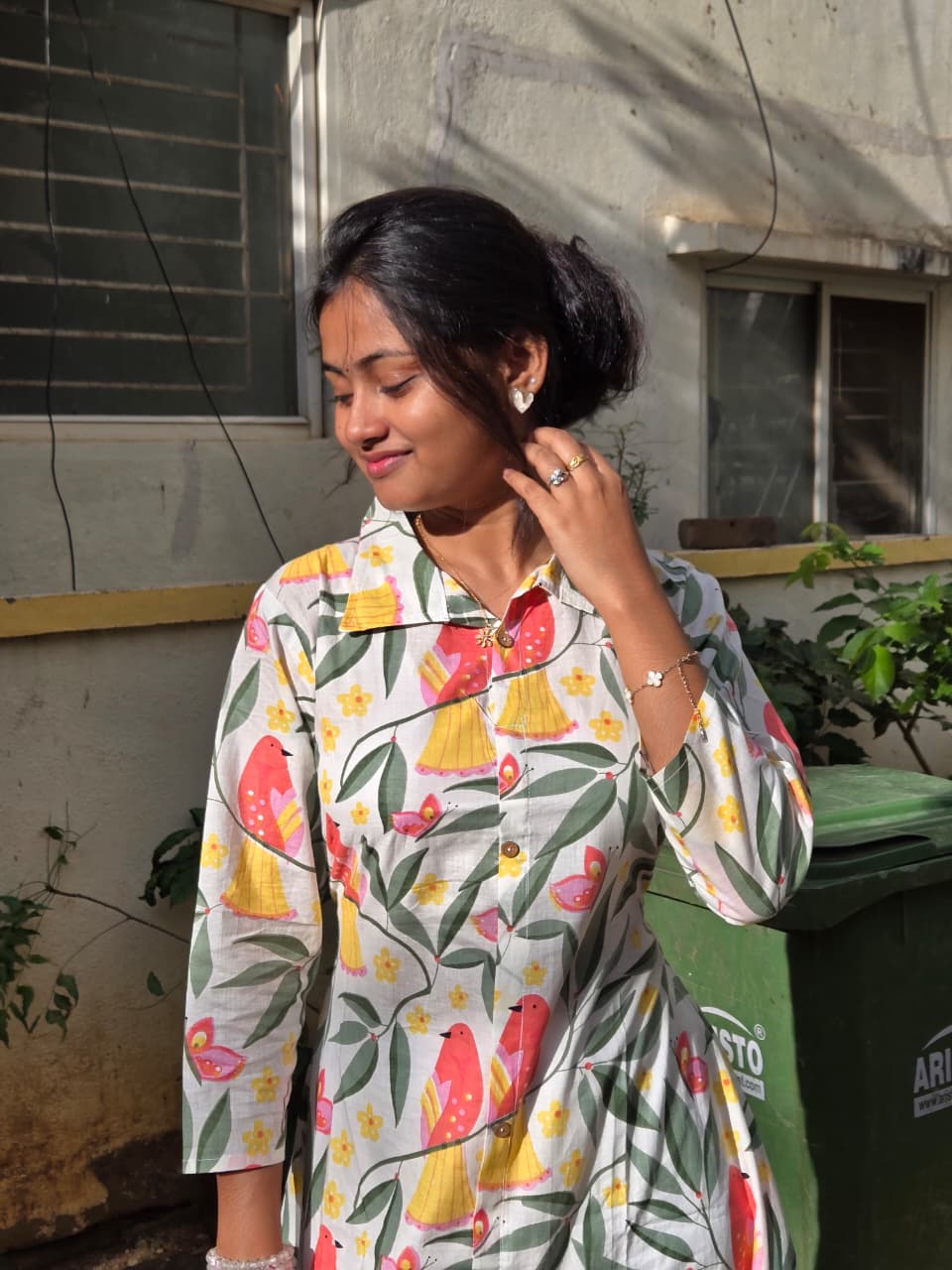 Floral Bird Print Cotton Maxi Dress