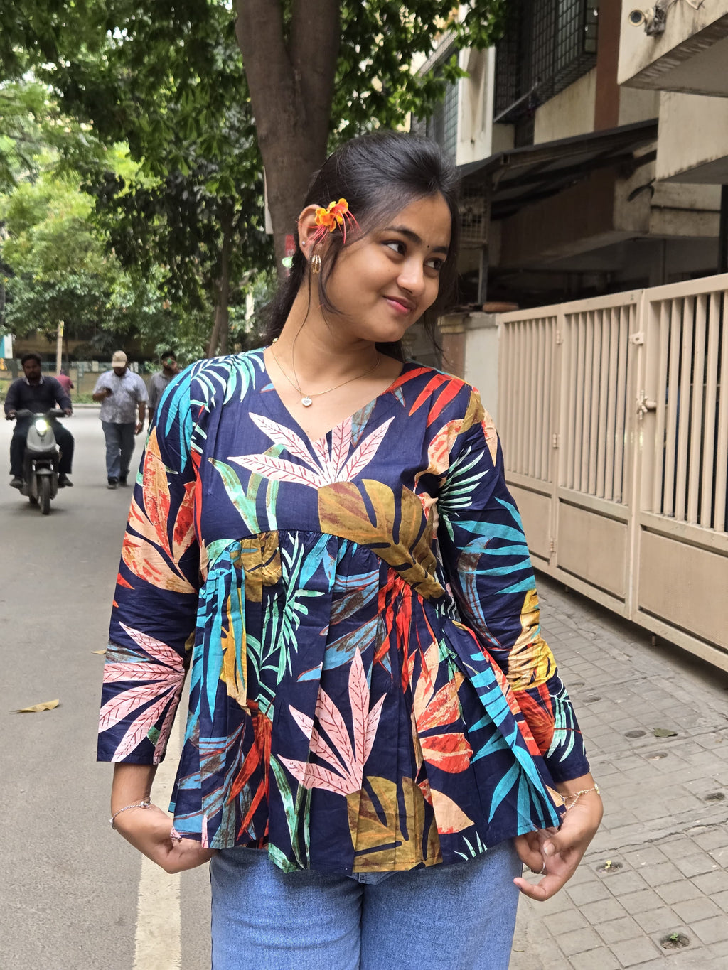 Midnight Tropical Print Peplum Top