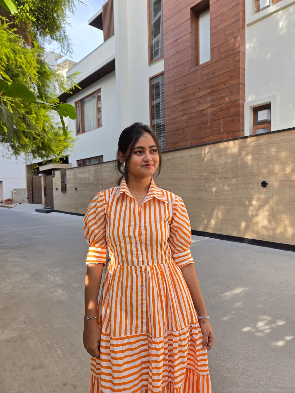 Orange Stripe Cotton Tiered Maxi Dress