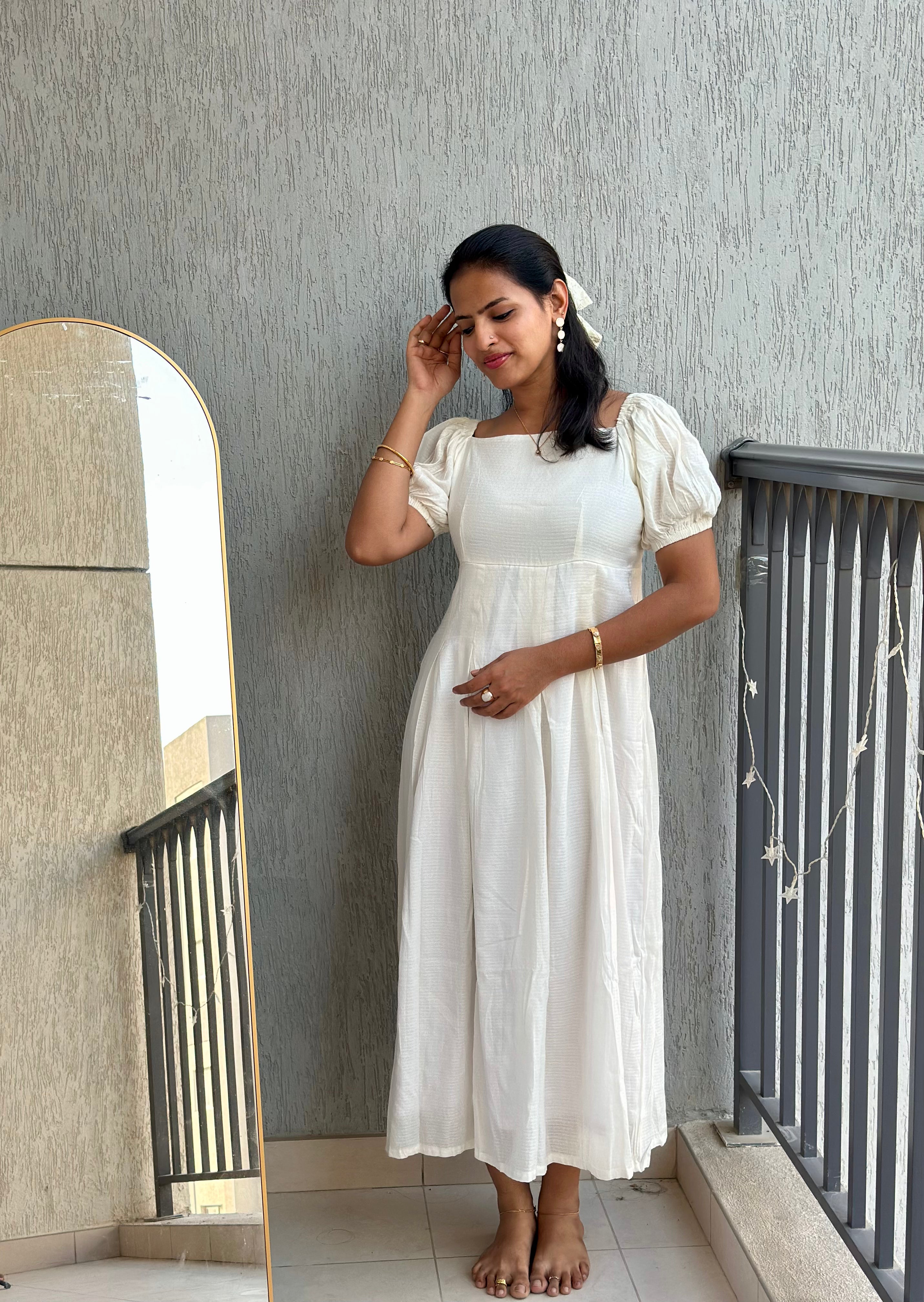 White self textured box pleated maxi dress