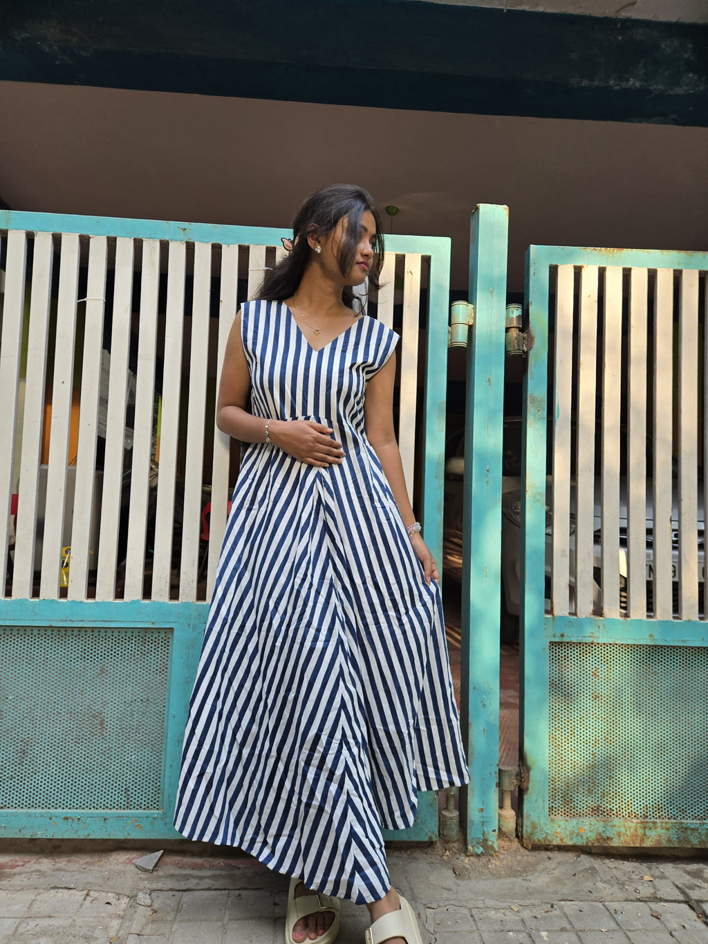 Midnight Stripe Cotton Maxi Dress