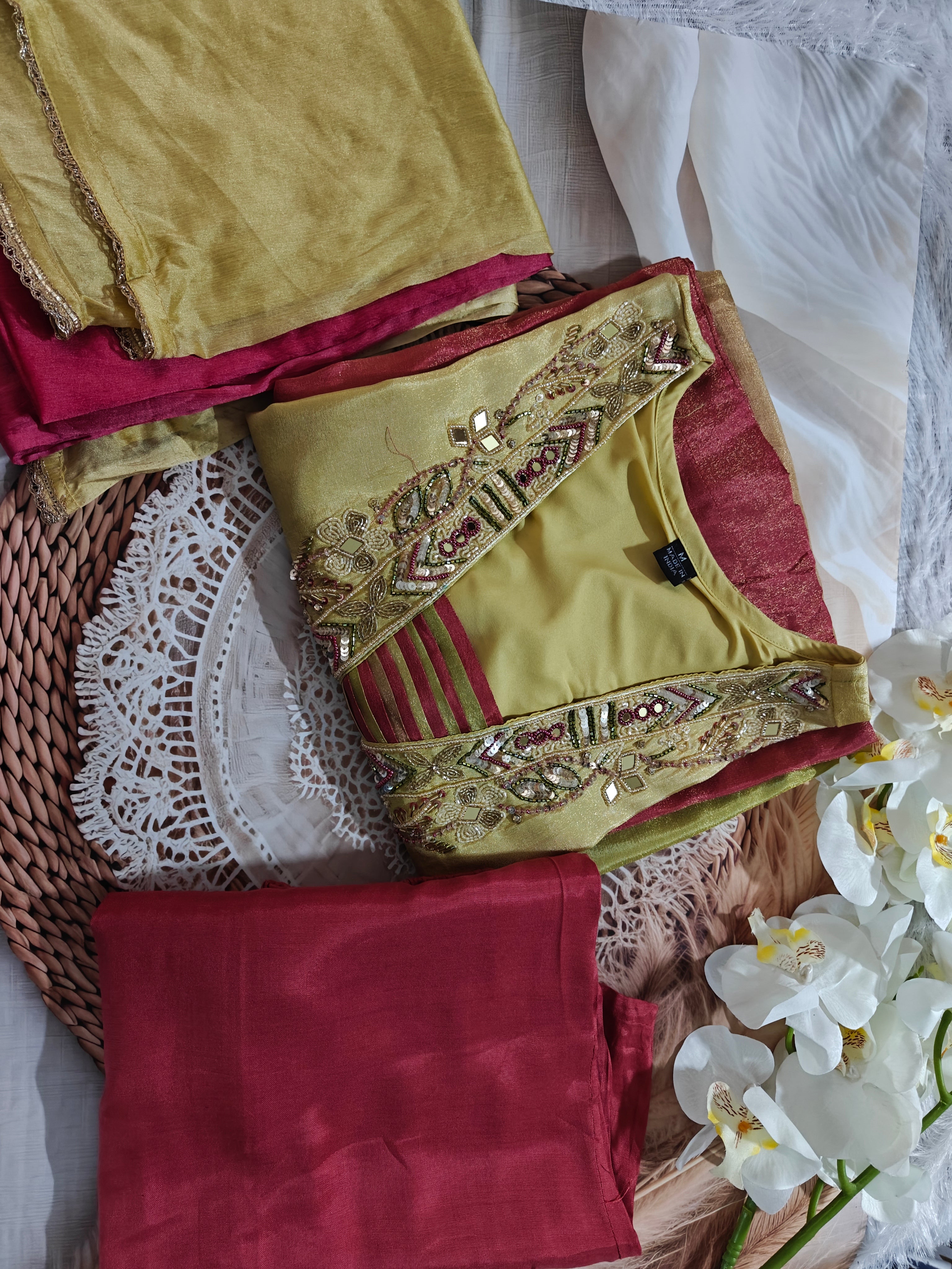 Olive Green & Maroon Embroidered Silk Blend Suit Set