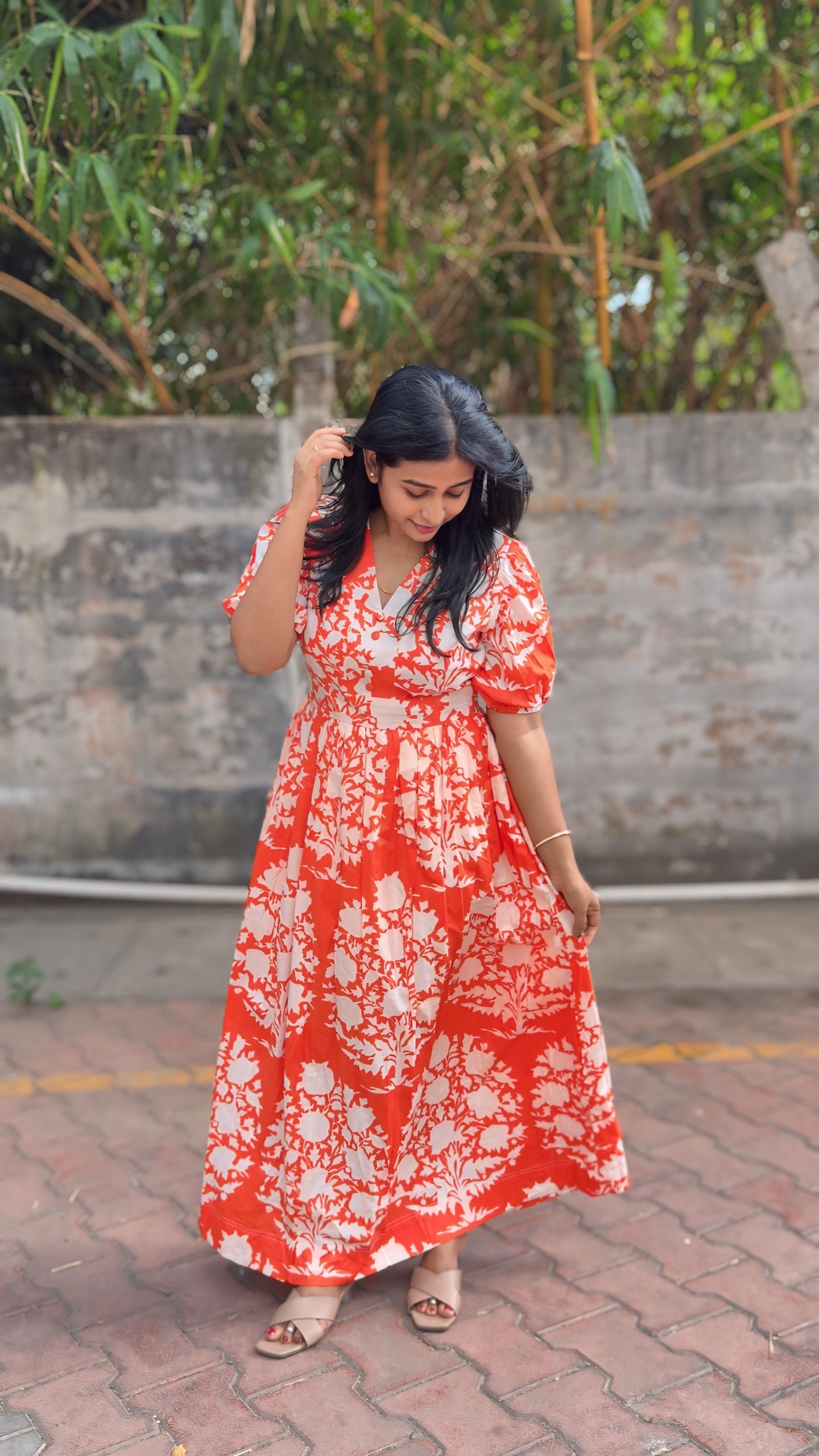 Orange Floral Cotton Maxi Dress