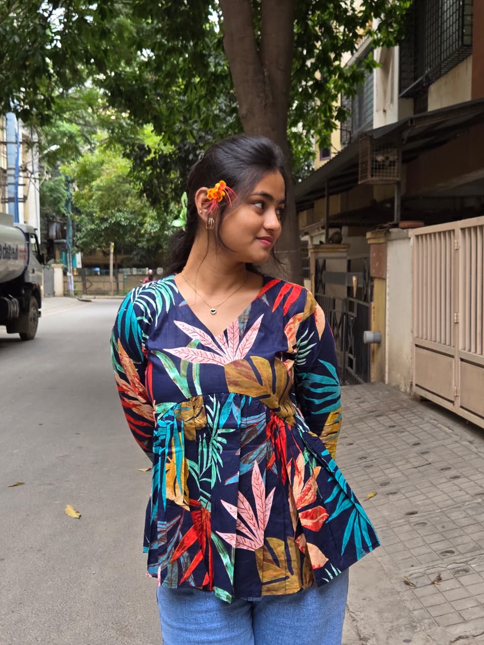Midnight Tropical Print Peplum Top