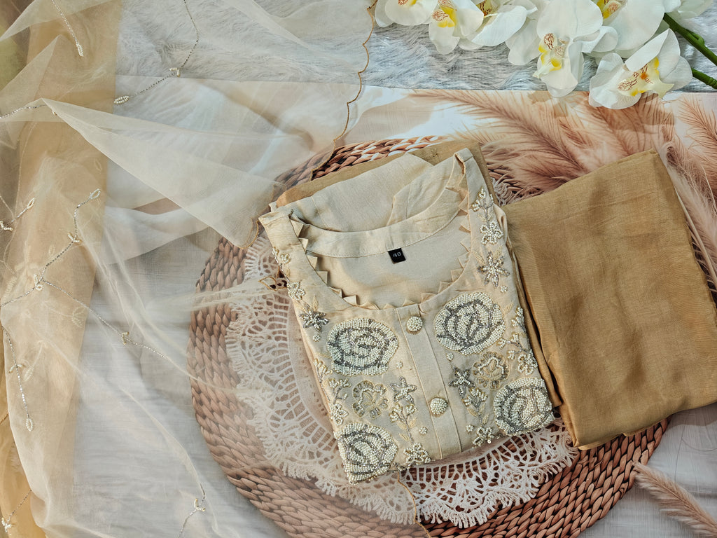 Elegant Beige Embroidered Suit Set