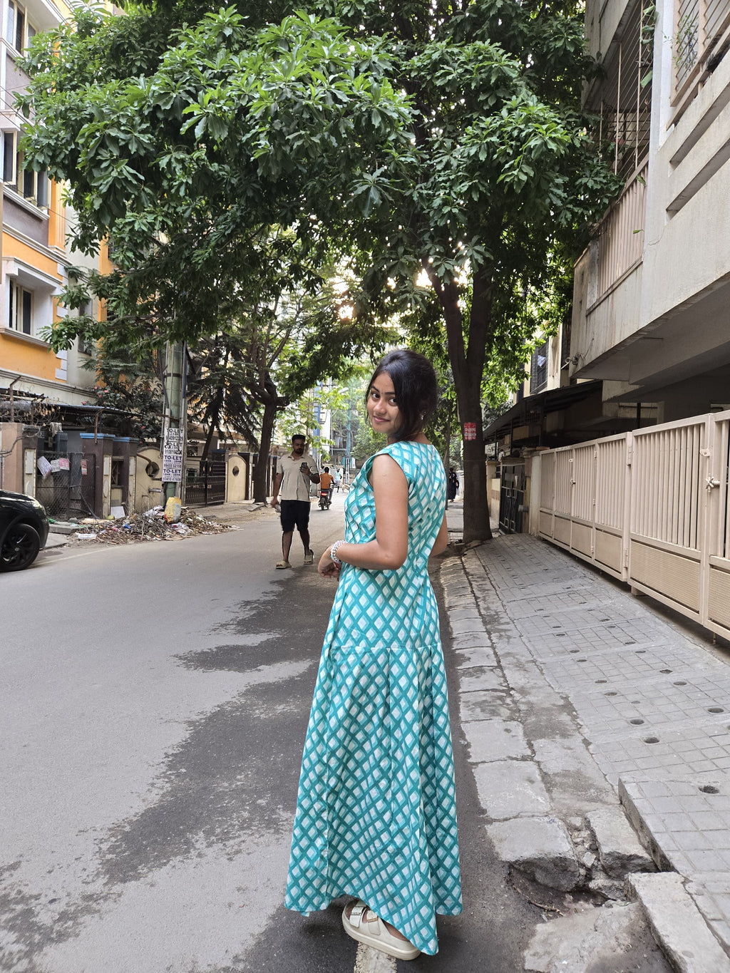 Aqua Diamond Print Cotton Maxi Dress