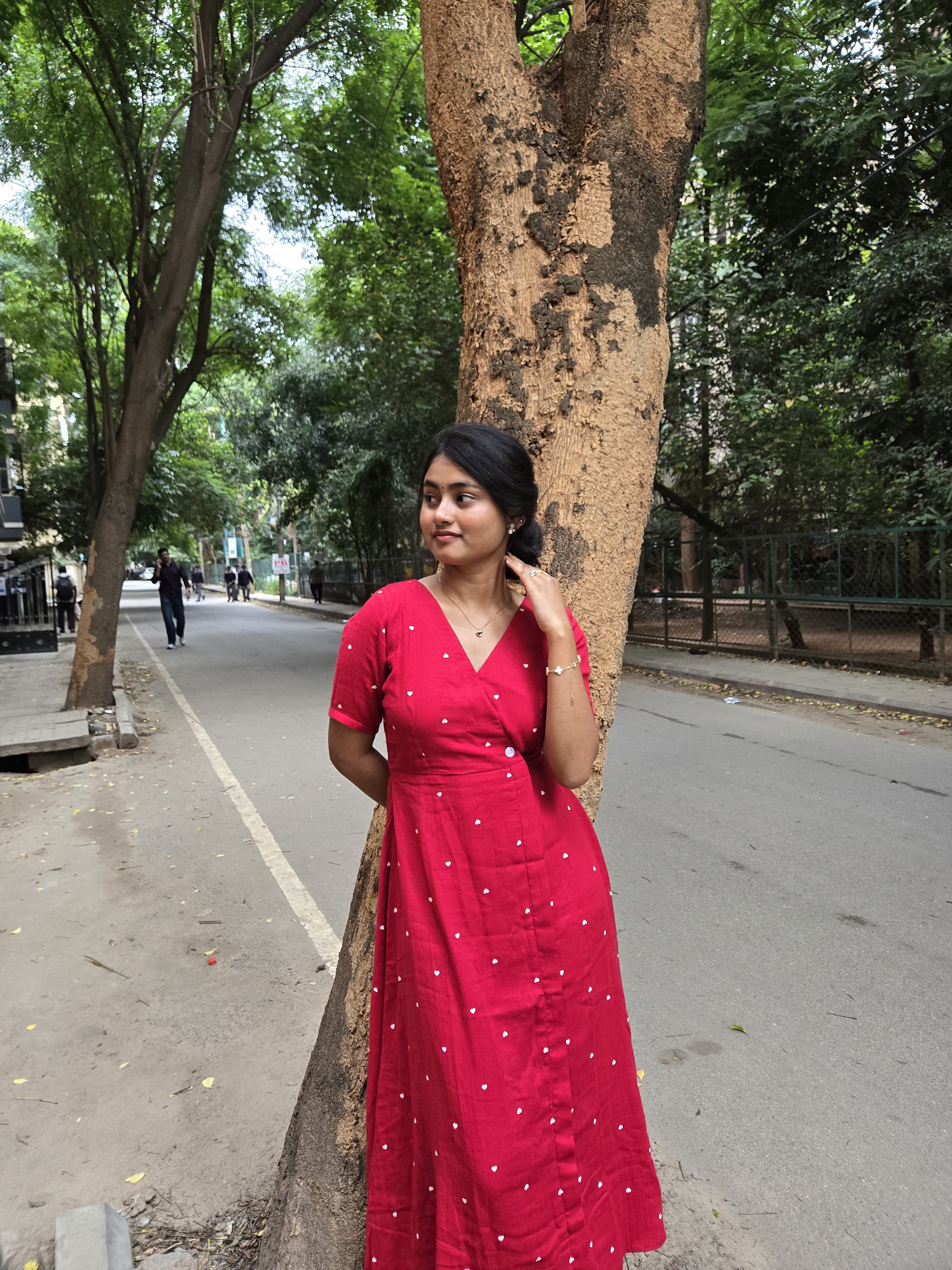Heart Print Wrap-Style Red Maxi Dress