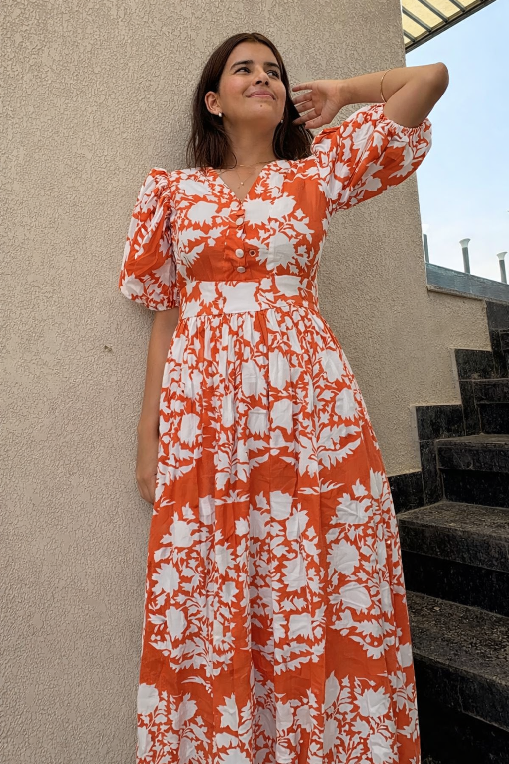 Orange Floral Cotton Maxi Dress