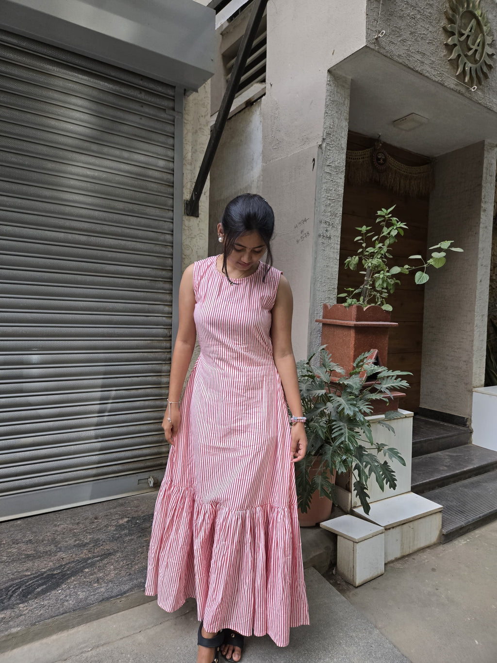 Blush Pink Striped Tiered Maxi Dress