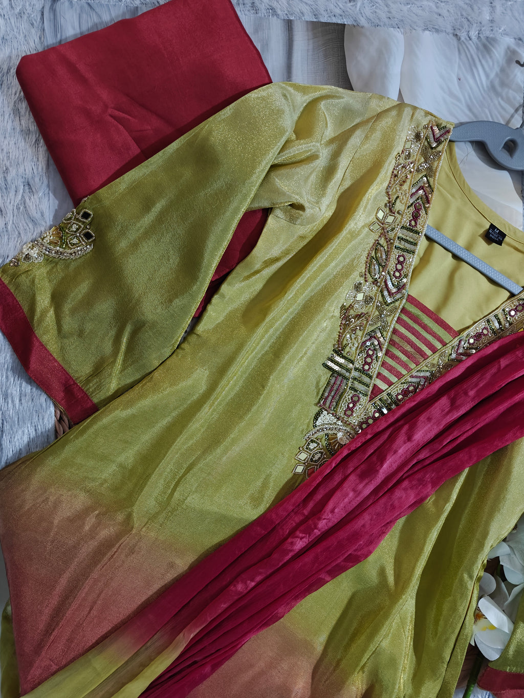 Olive Green & Maroon Embroidered Silk Blend Suit Set