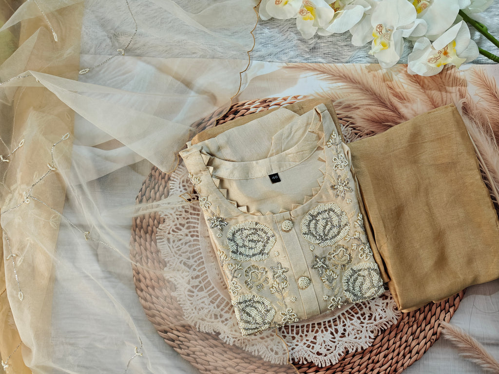 Elegant Beige Embroidered Suit Set