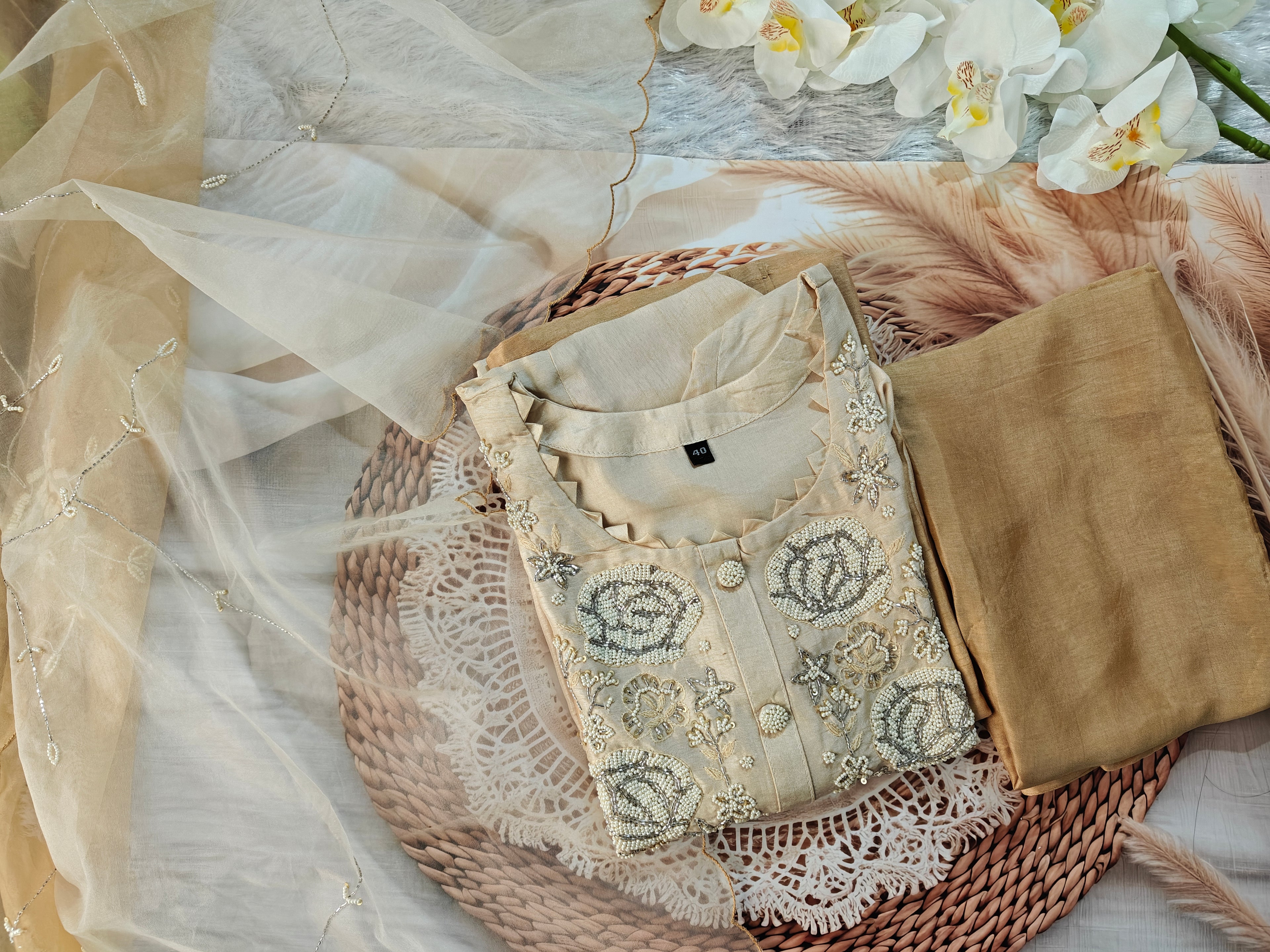 Elegant Beige Embroidered Suit Set