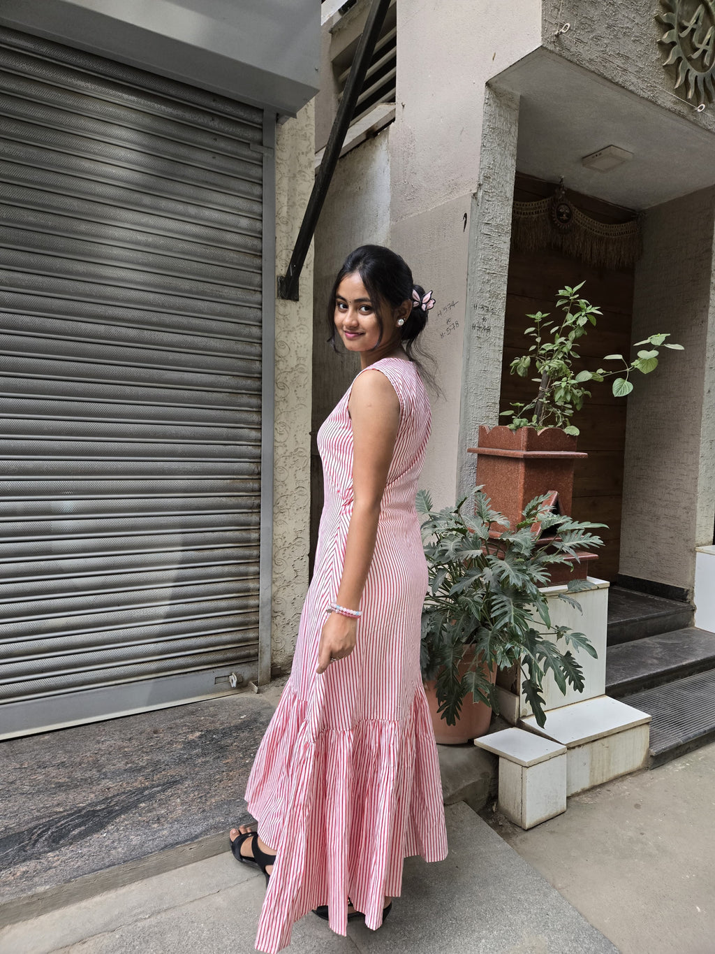 Blush Pink Striped Tiered Maxi Dress