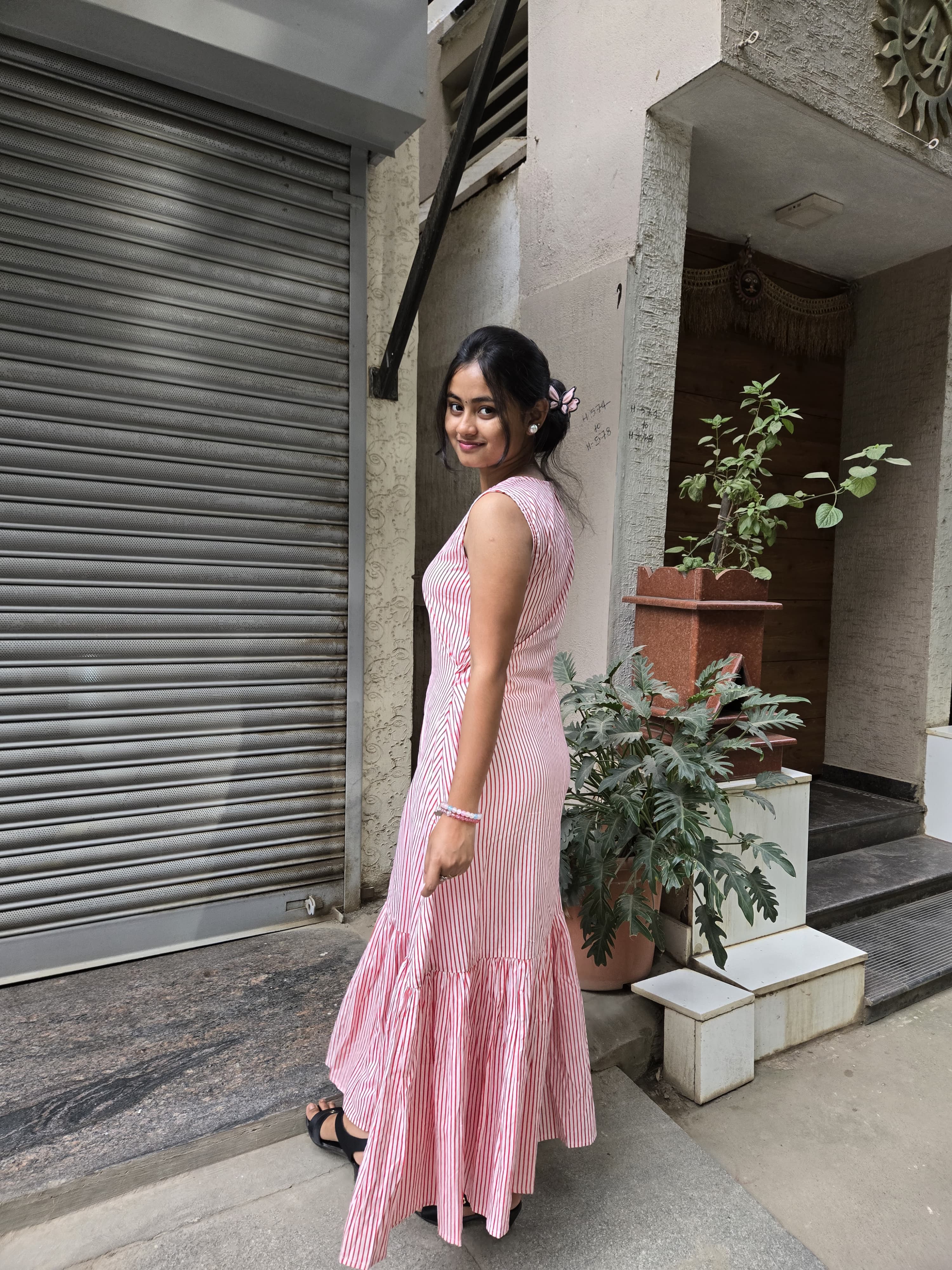 Blush Pink Striped Tiered Maxi Dress