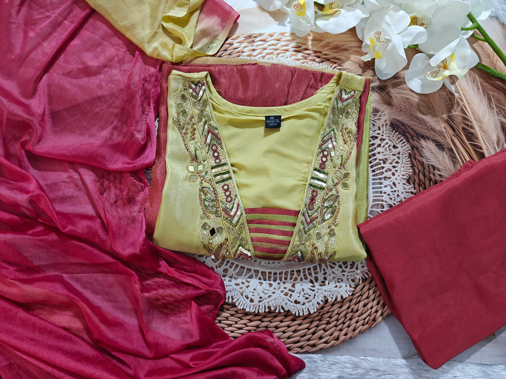 Olive Green & Maroon Embroidered Silk Blend Suit Set