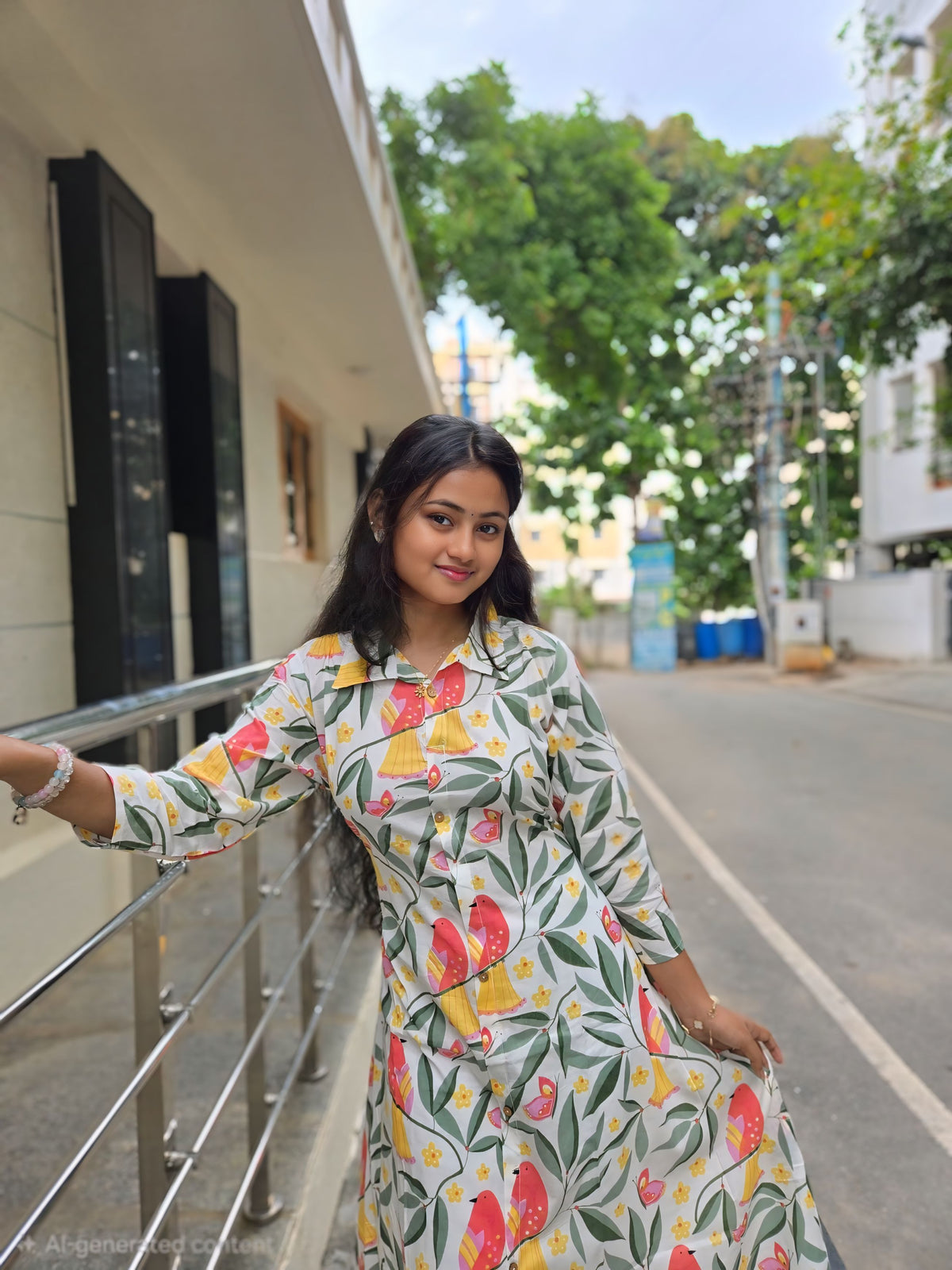 Floral Bird Print Cotton Maxi Dress
