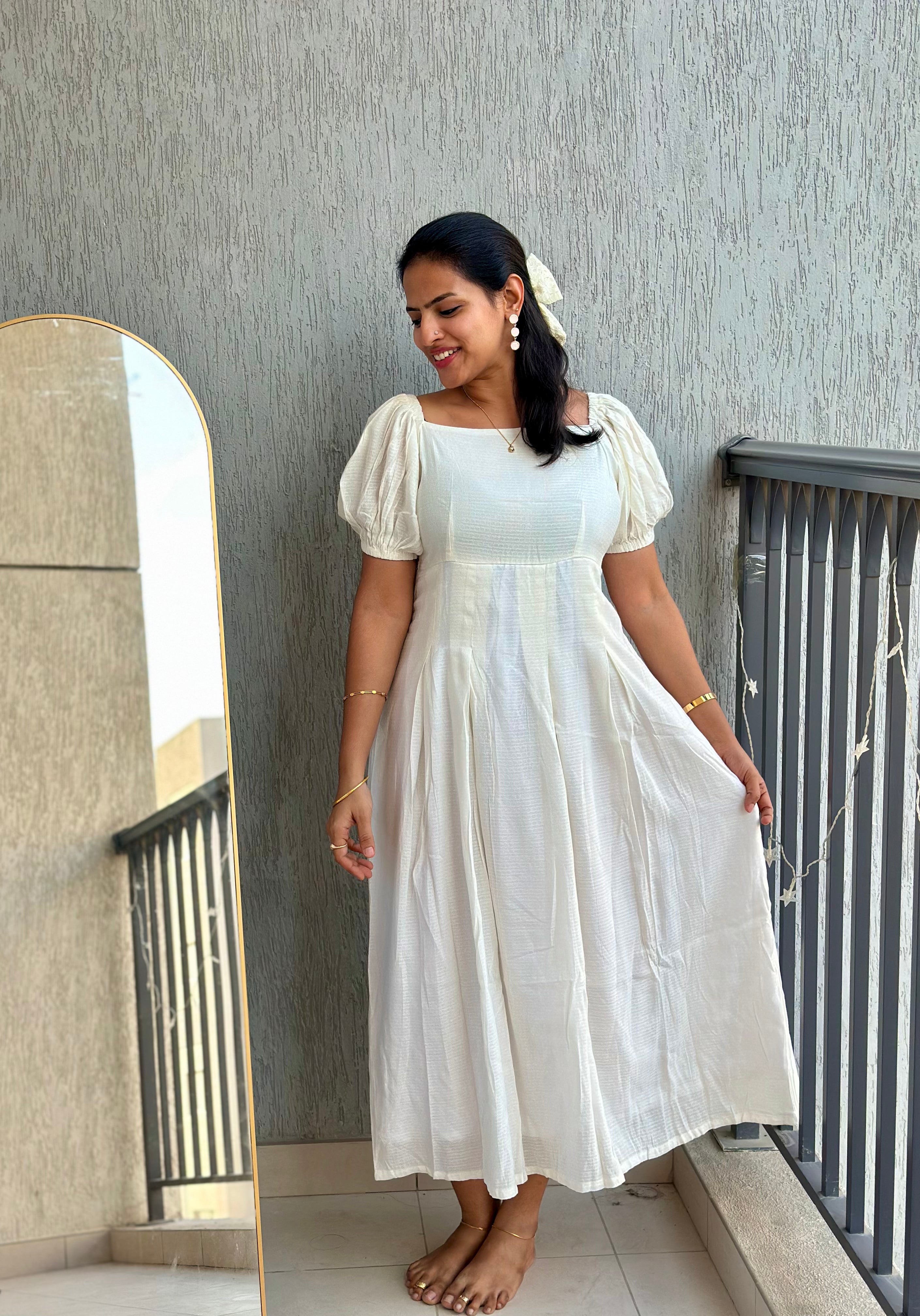 White self textured box pleated maxi dress