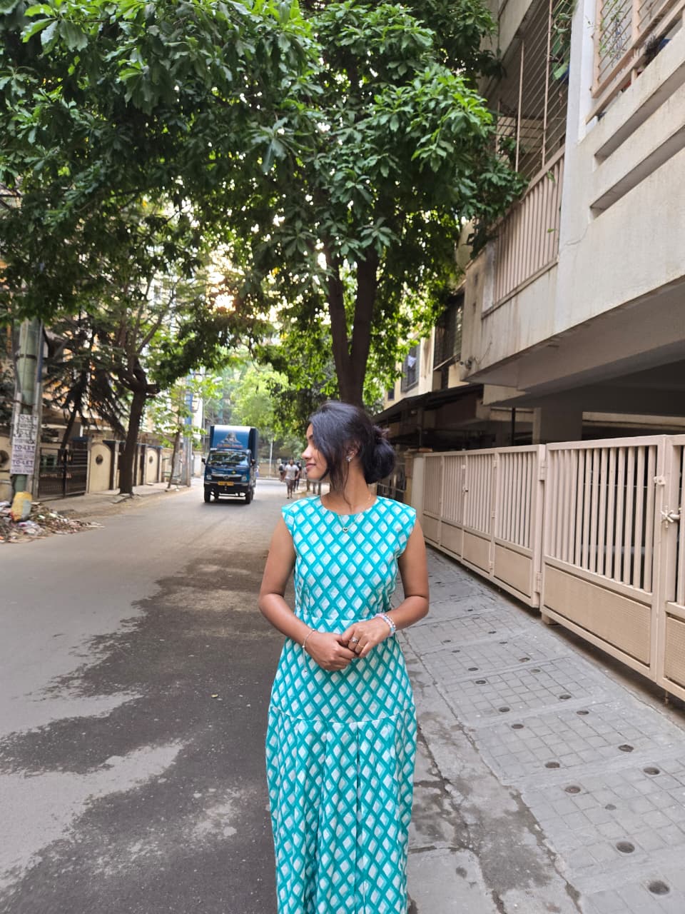 Aqua Diamond Print Cotton Maxi Dress
