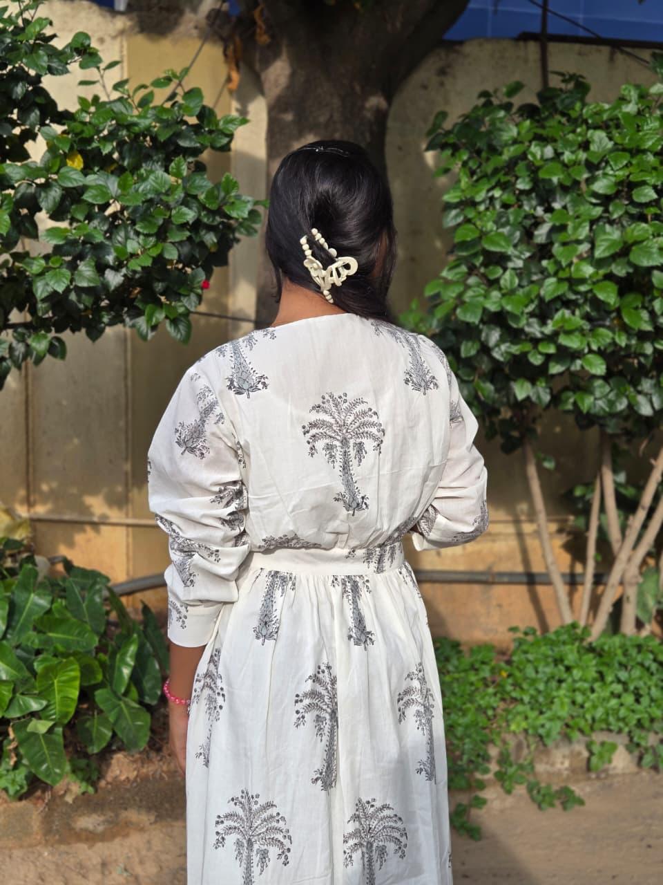 Ivory Palm Print Anarkali Dress
