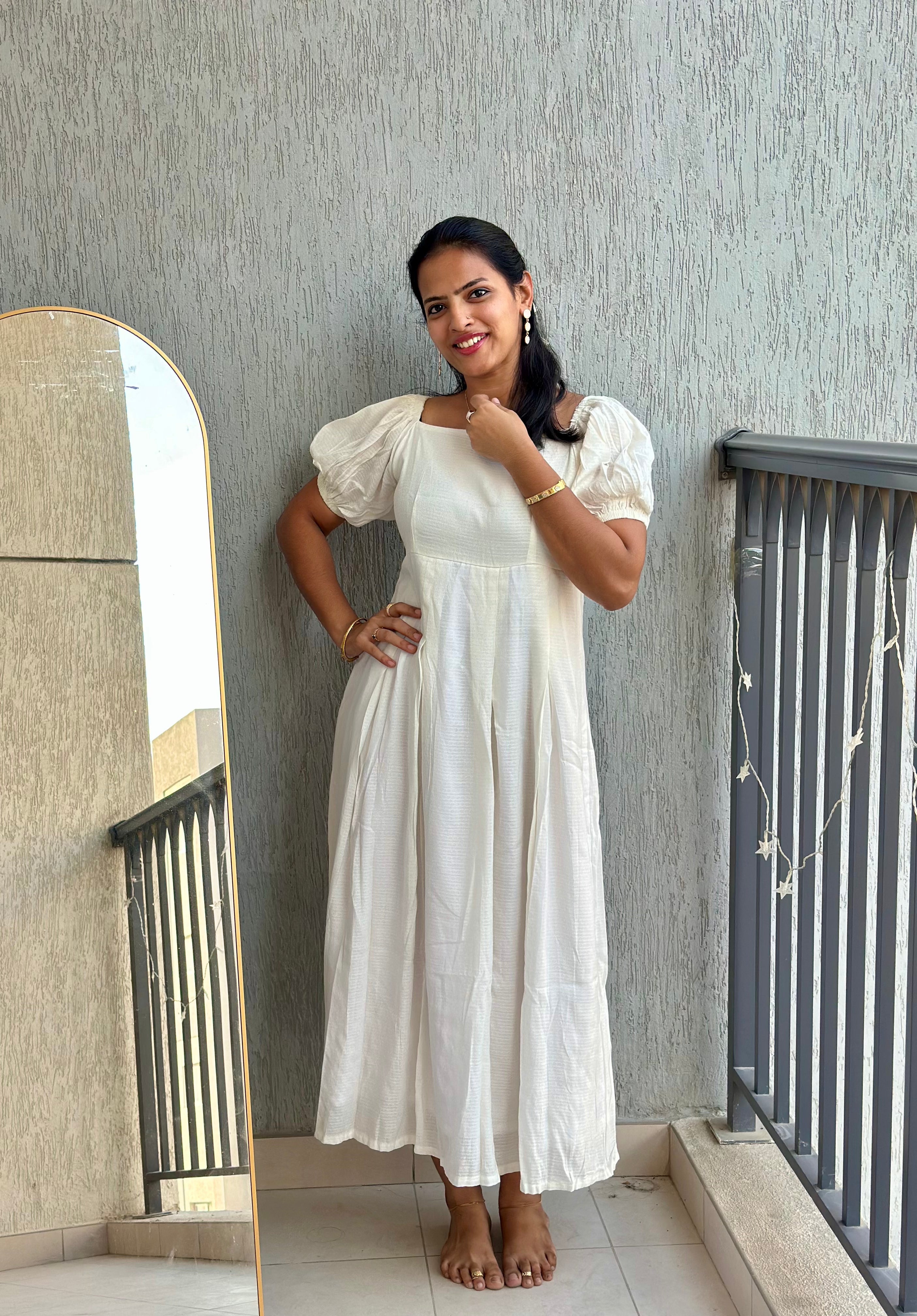 White self textured box pleated maxi dress