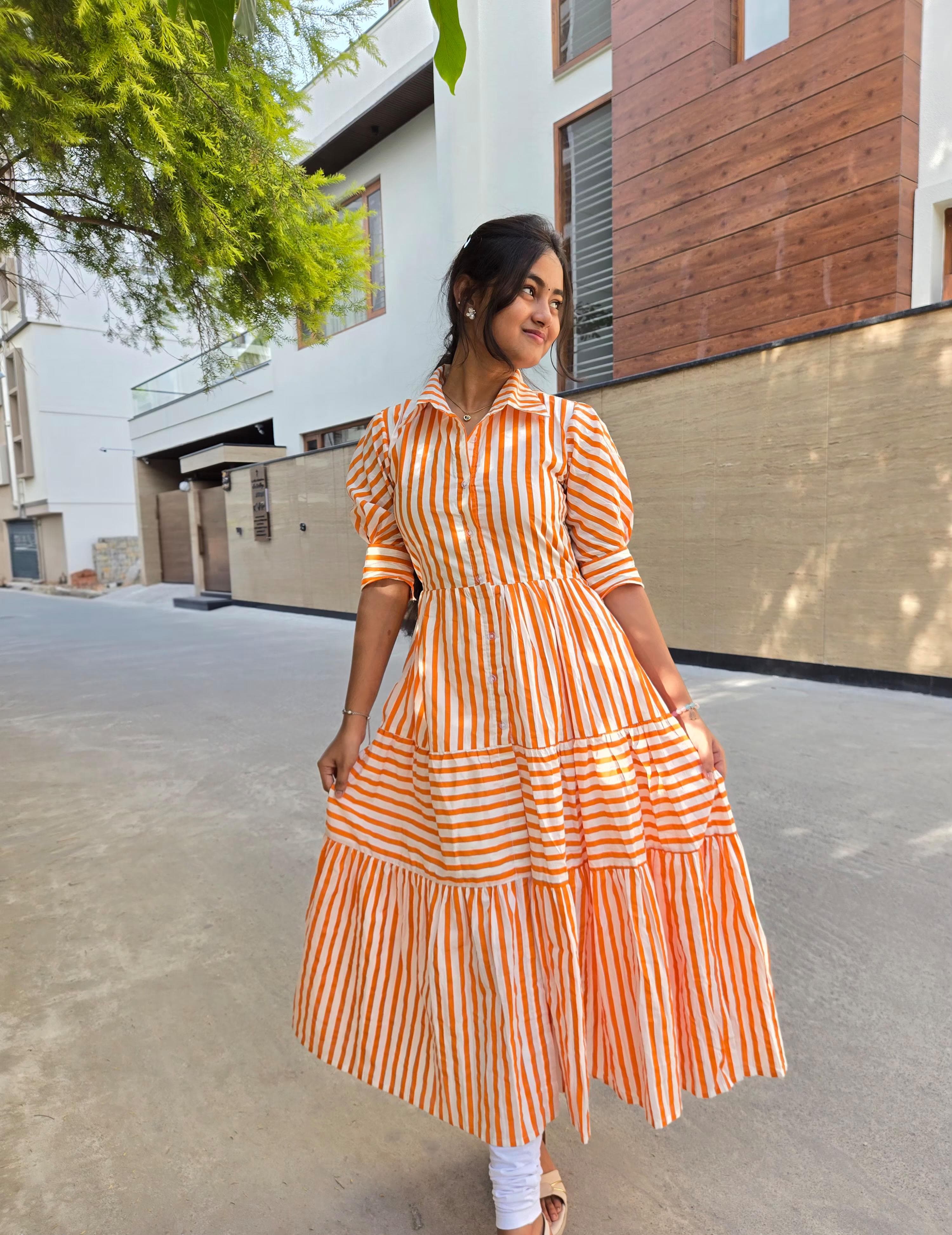 Orange Stripe Cotton Tiered Maxi Dress