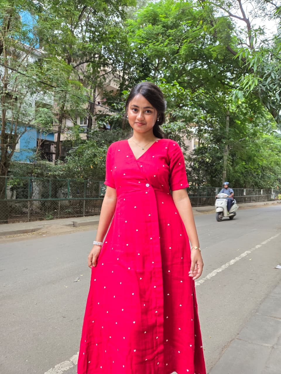 Heart Print Wrap-Style Red Maxi Dress