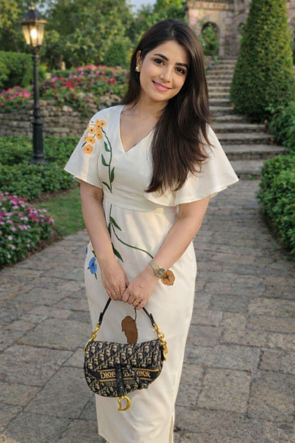 Elegant Ivory Floral Embroidered Dress