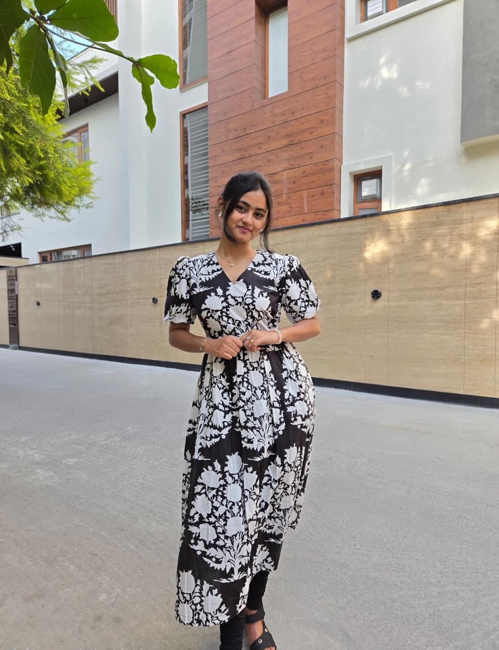 Monochrome Floral Cotton Midi Dress