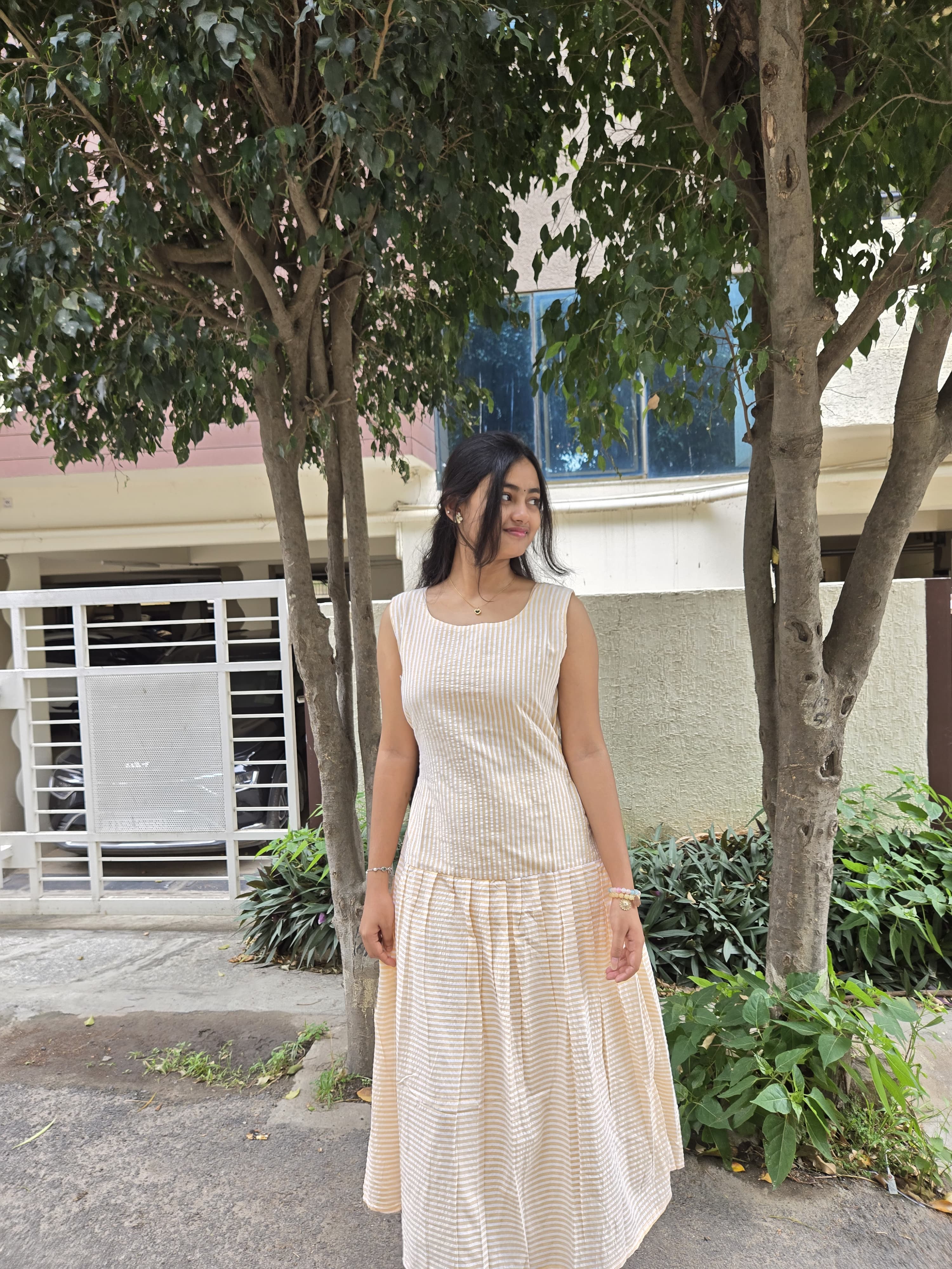 Sunshine Beige Striped Tiered Dress