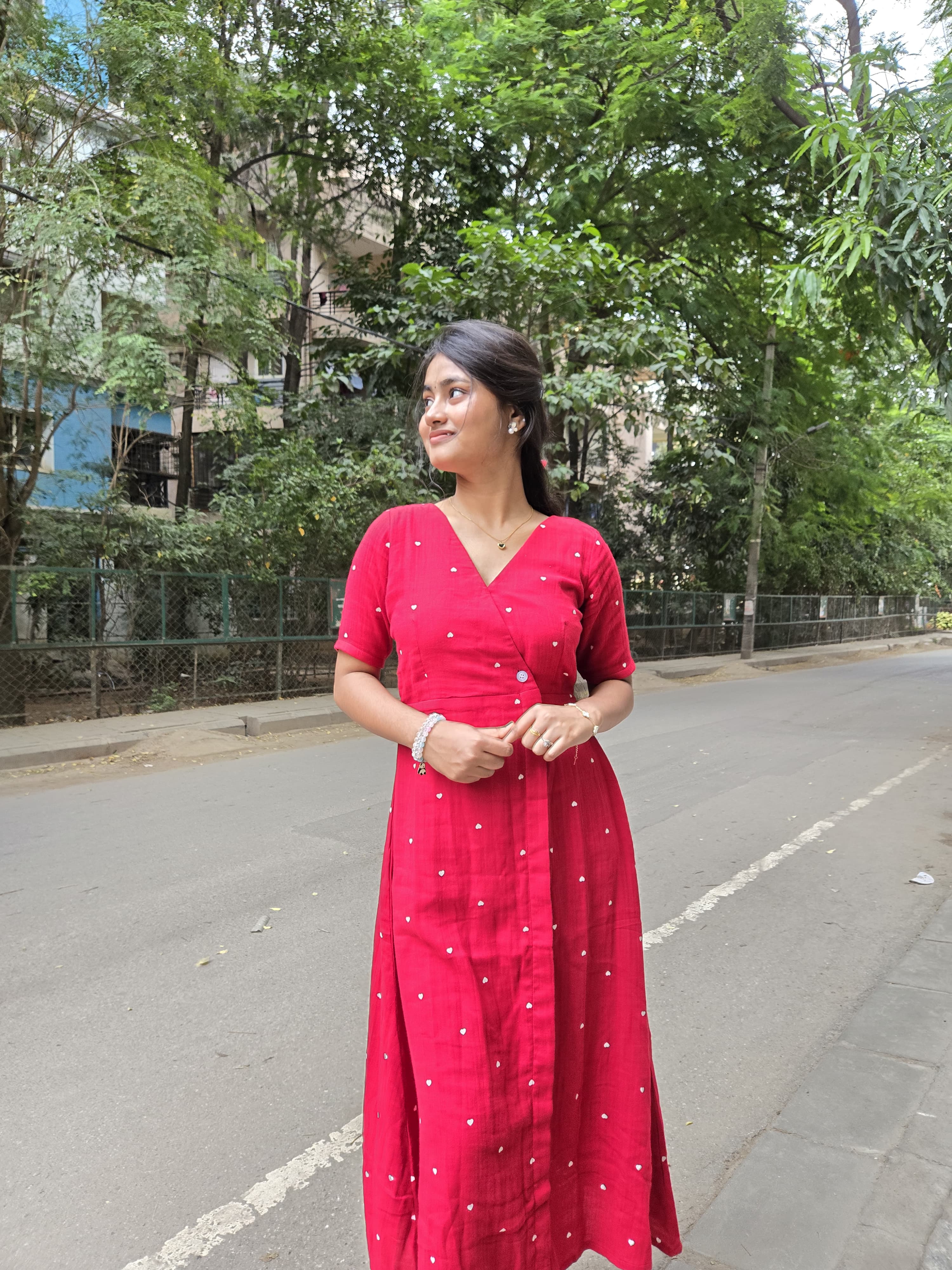 Heart Print Wrap-Style Red Maxi Dress