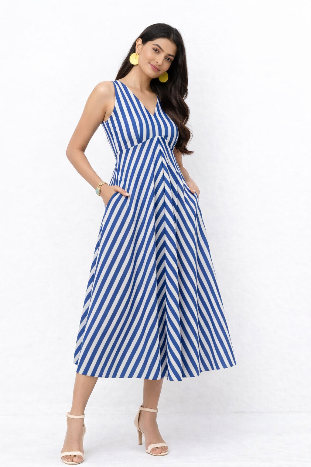 Blue & White Striped Sleeveless Midi Dress