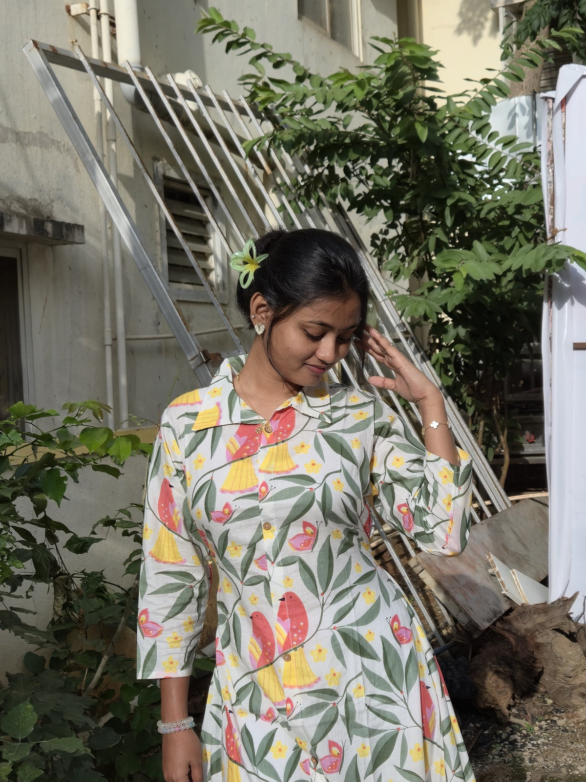 Floral Bird Print Cotton Maxi Dress